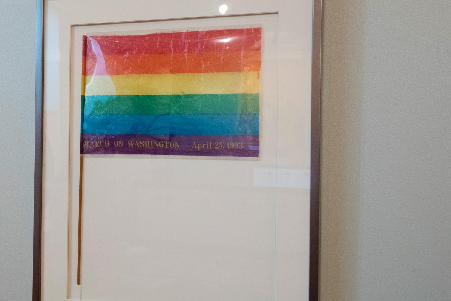 A rainbow flag in a framed case