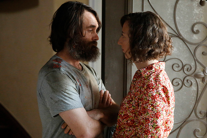 Will Forte, and  Kristen Schaal,  look each other in the eye during the filming of  “The Last Man on Earth.” 