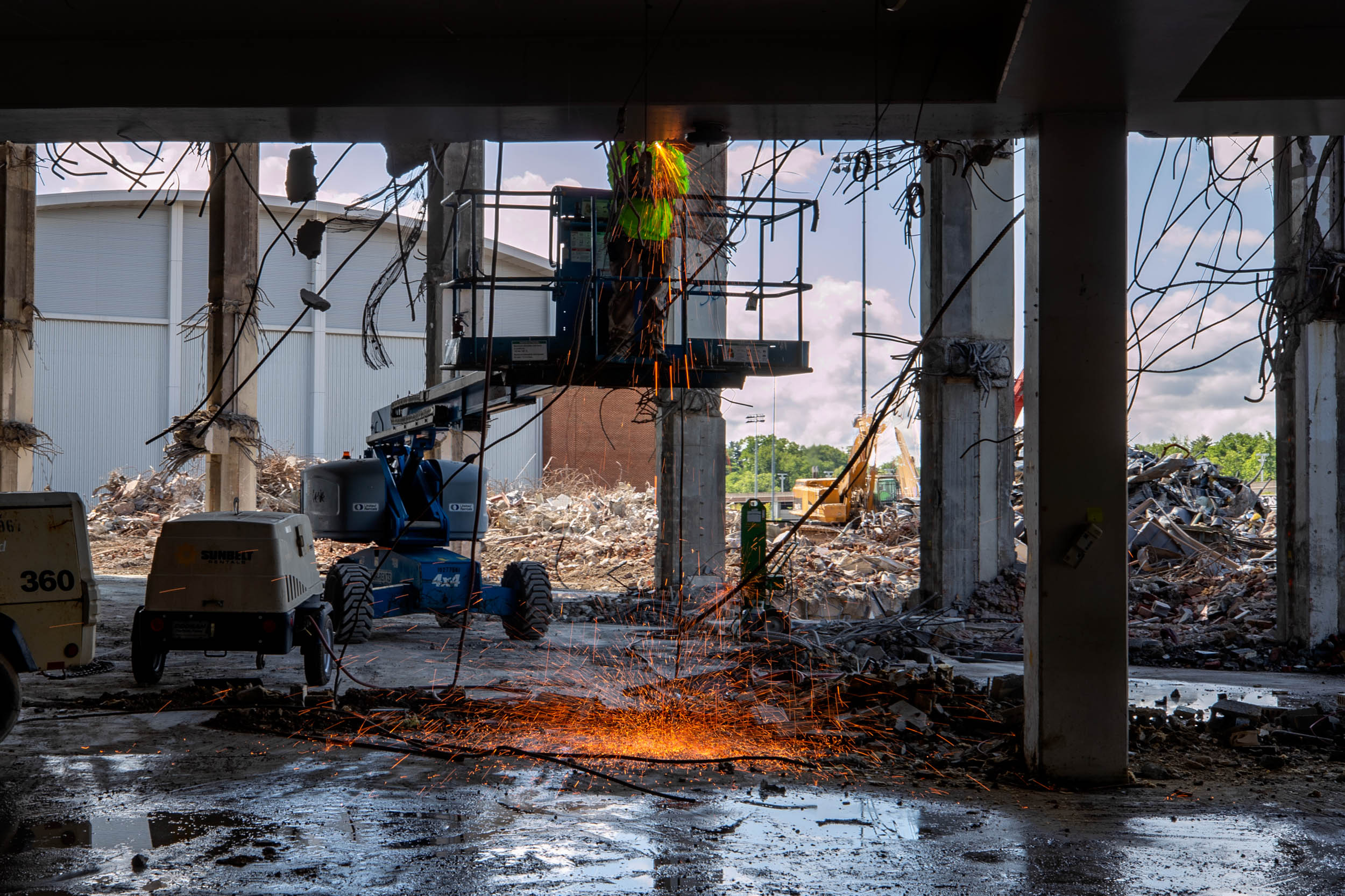 Sparks falling from a construction worker working