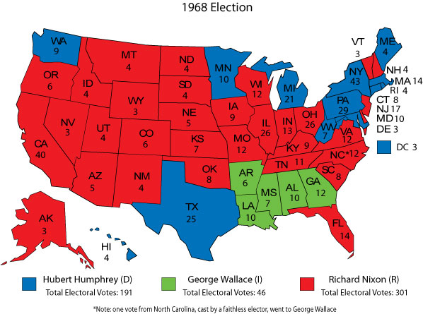 The tumultuous 1968 presidential campaign featured a third-party nominee, George Wallace, who won the electoral votes of five Southern states.