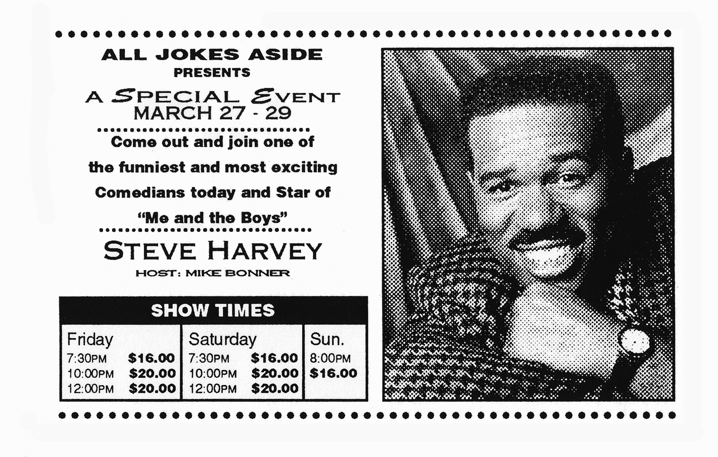A flyer for a show by Steve Harvey, then an up-and-coming comedian performing at Lambert’s club. 