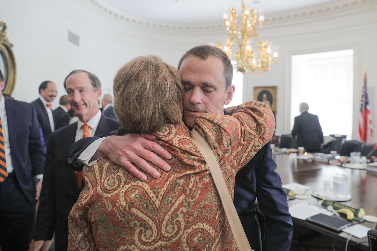 UVA President Teresa A. Sullivan embraced James Ryan shortly after he was named her successor on Friday. (Photo by Sanjay Suchak, University Communications)