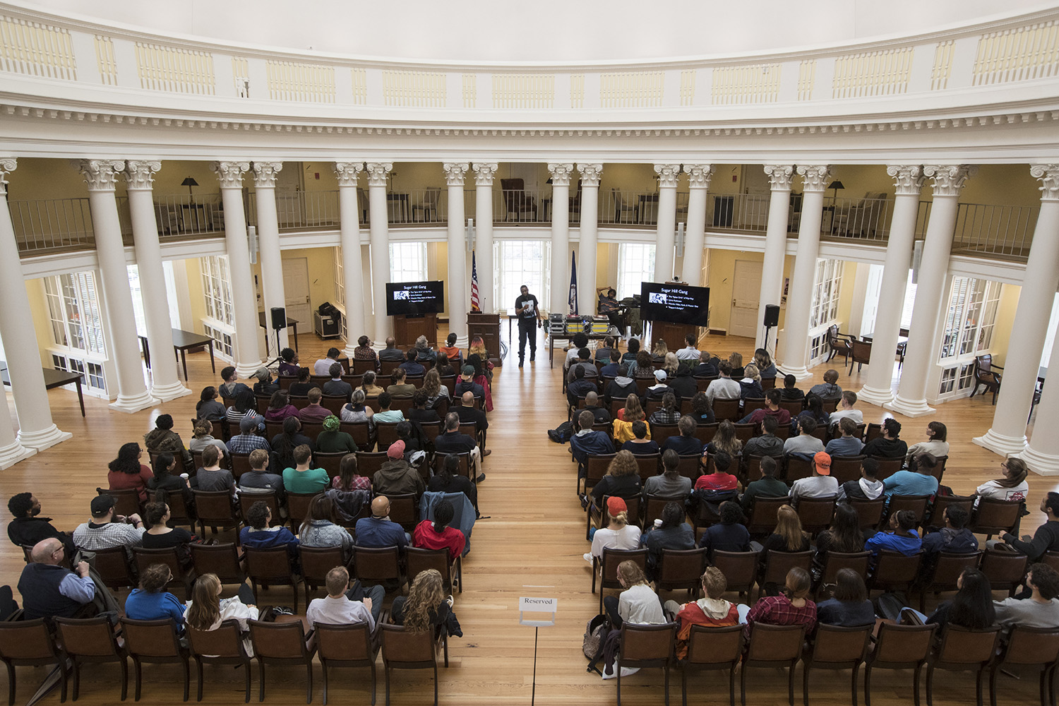 Students, faculty and community members packed the Rotunda's Dome Room for 9th Wonder's talk on the history of hip-hop. (Photo by Dan Addison, University Communications)