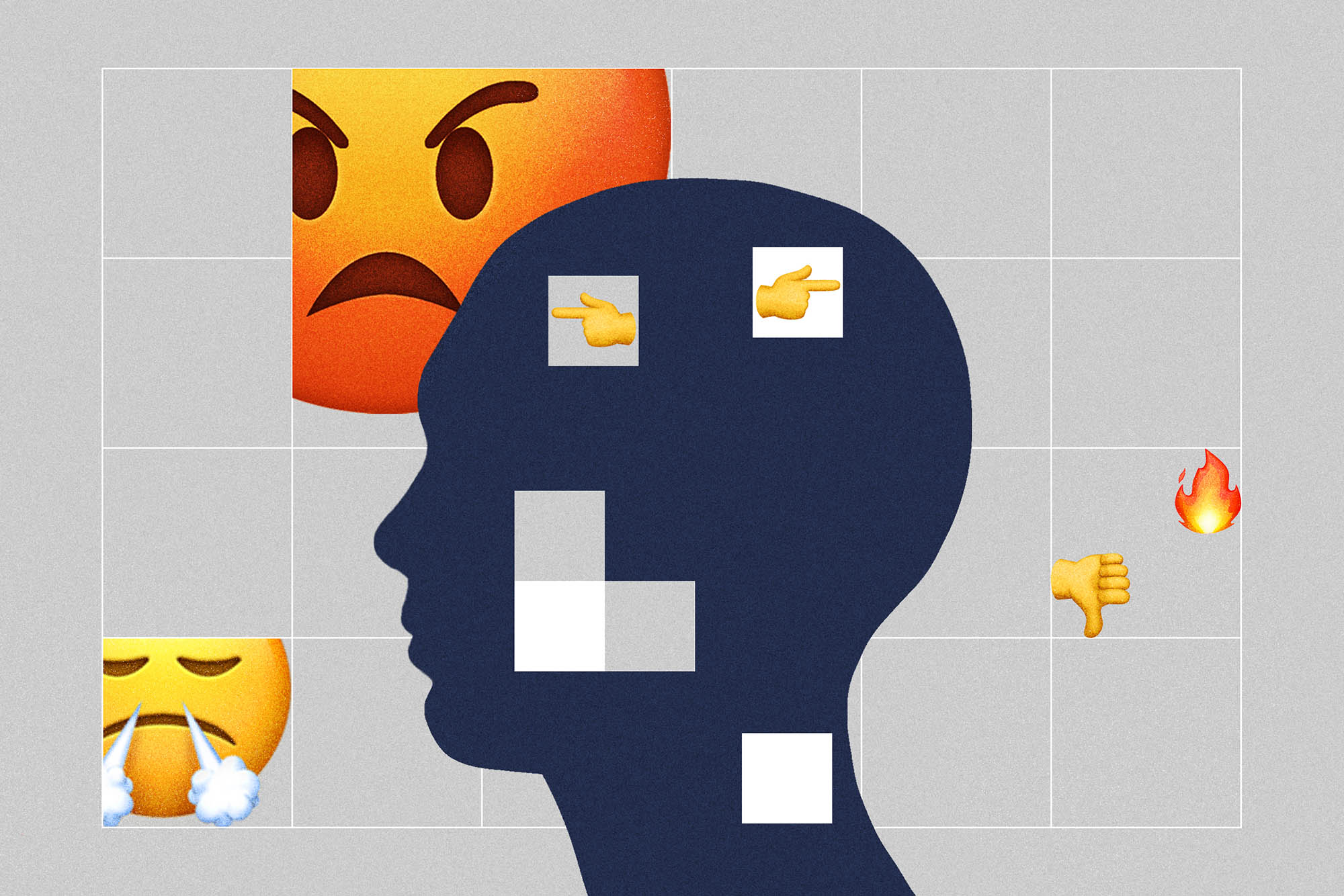 Illustration of a boxed grid with a head silhouette profile  and angry emojis 
