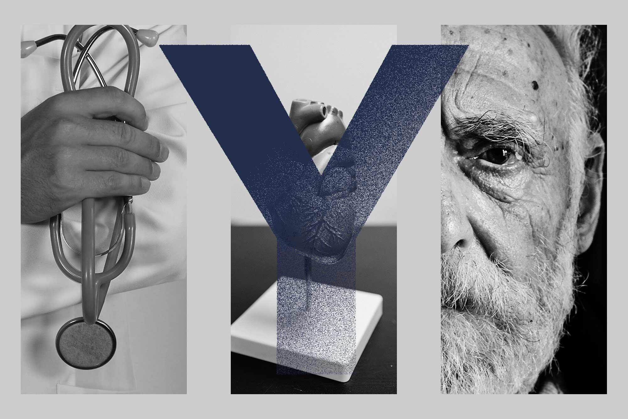 A dissolving letter "Y" in front of three images of a stethoscope, a heart model, and a man's face.