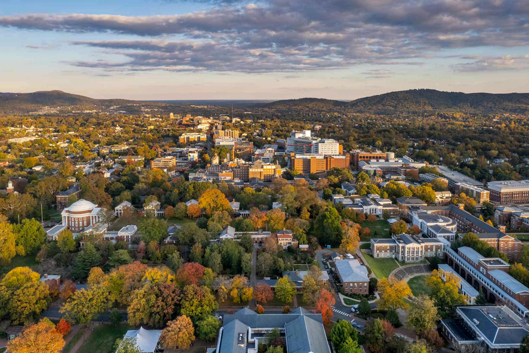 Aerial view of UVA Grounds during the fall