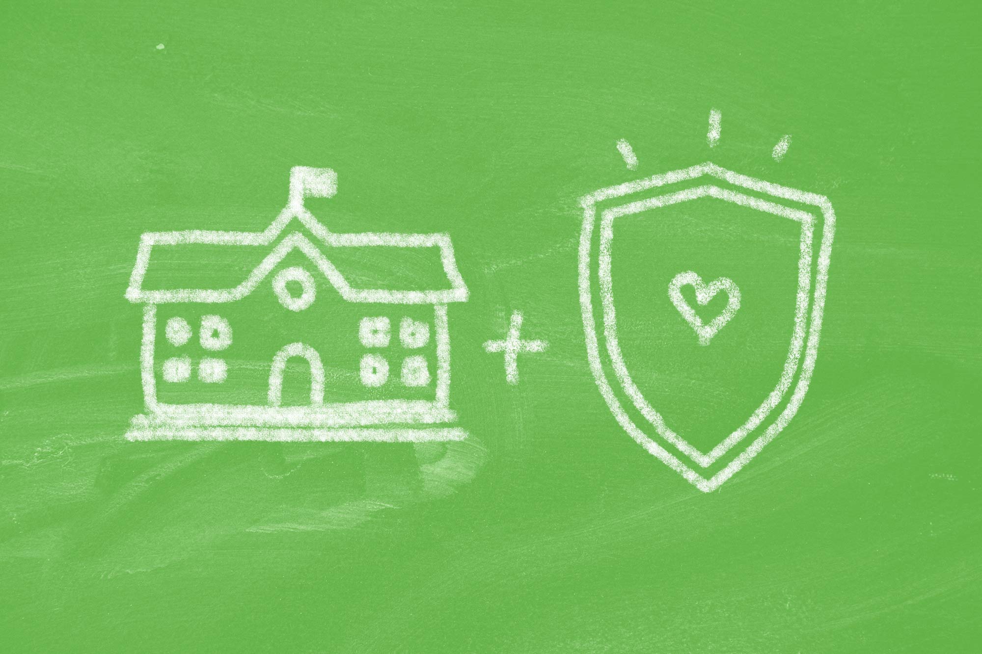 Illustration in the style of chalk on a blackboard of a school building plus a shield