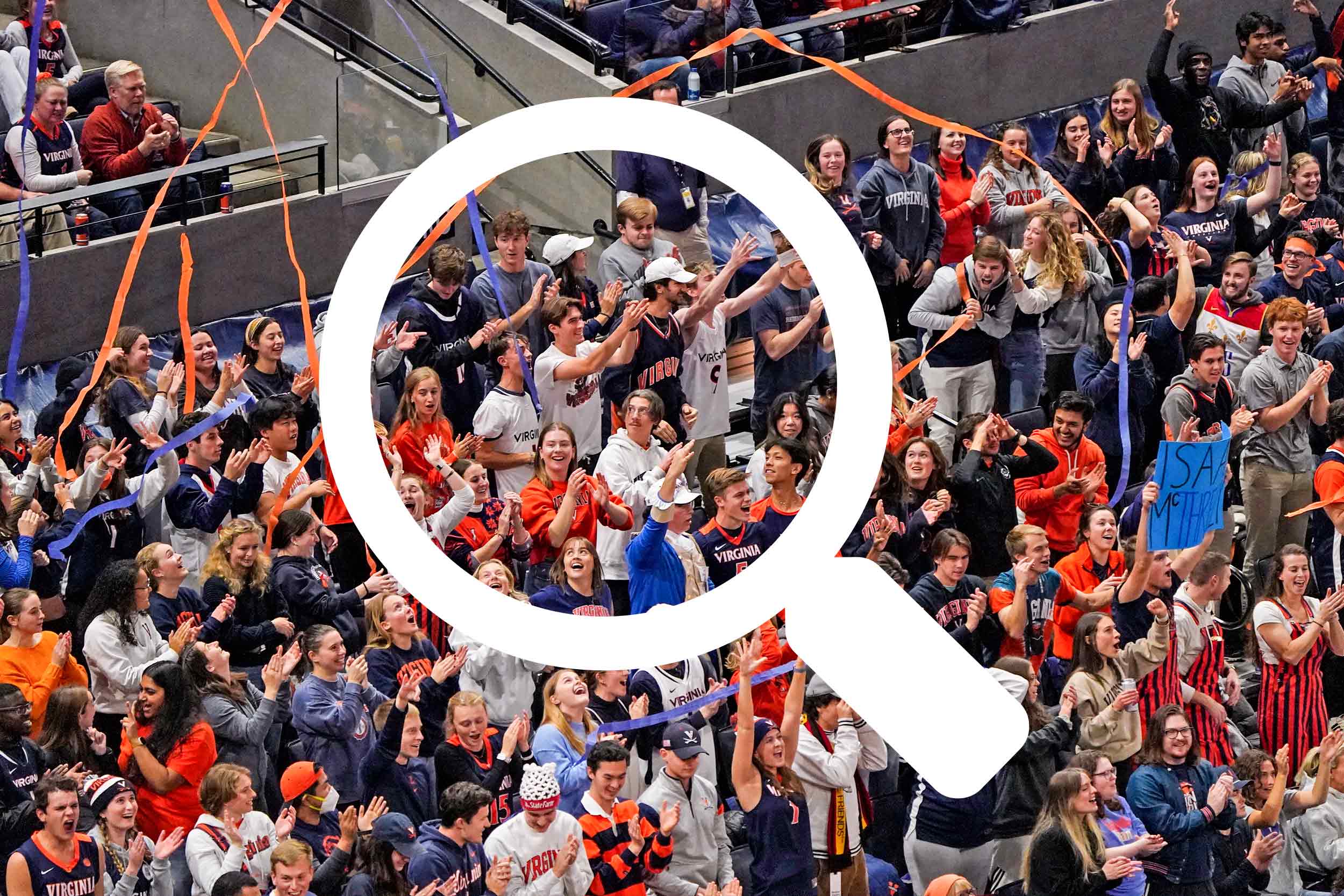 Illustration of a magnifying glass overlaying a photo of the student crowd at a men's basketball game