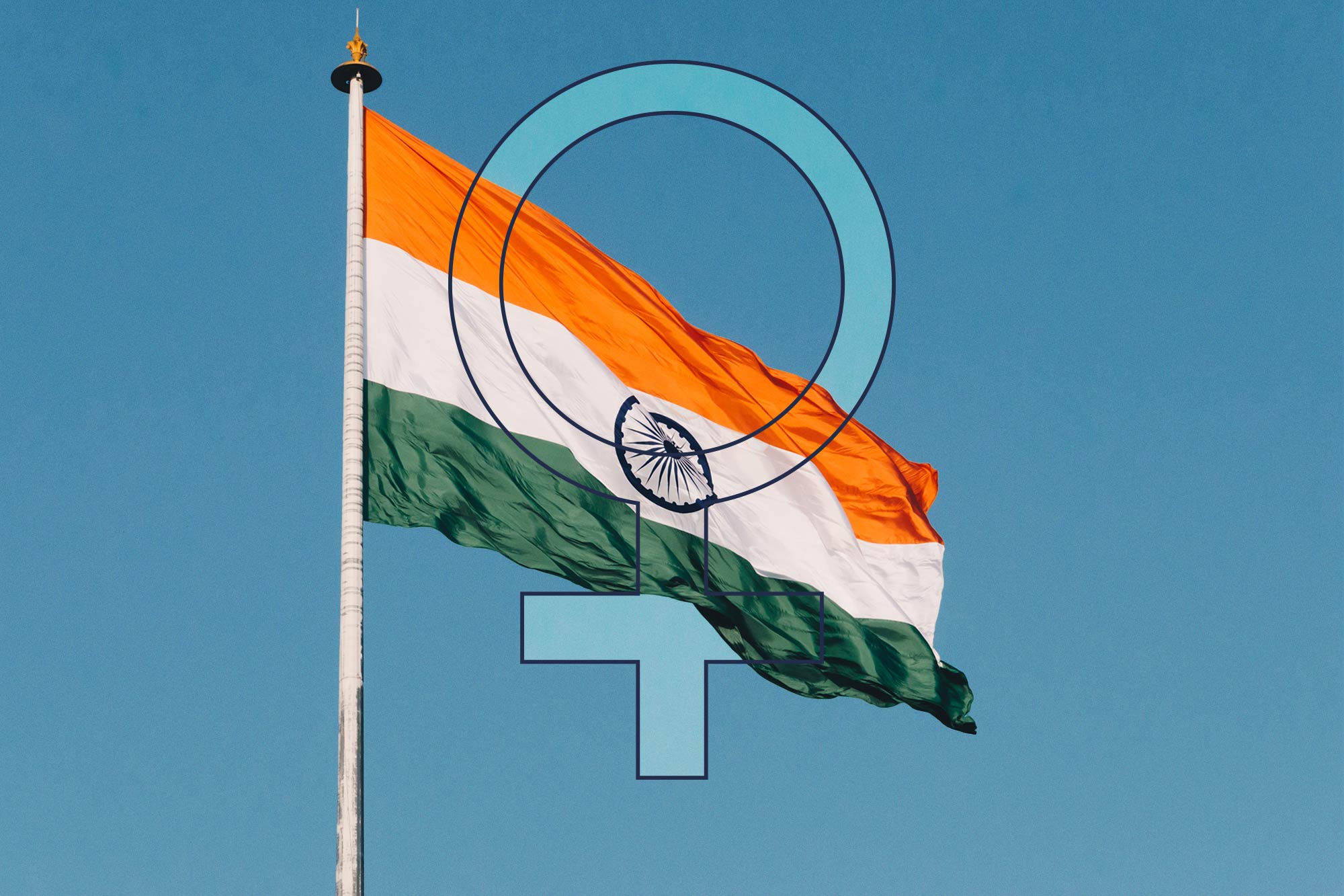 The Indian flag against a blue sky with the female glyph in front.