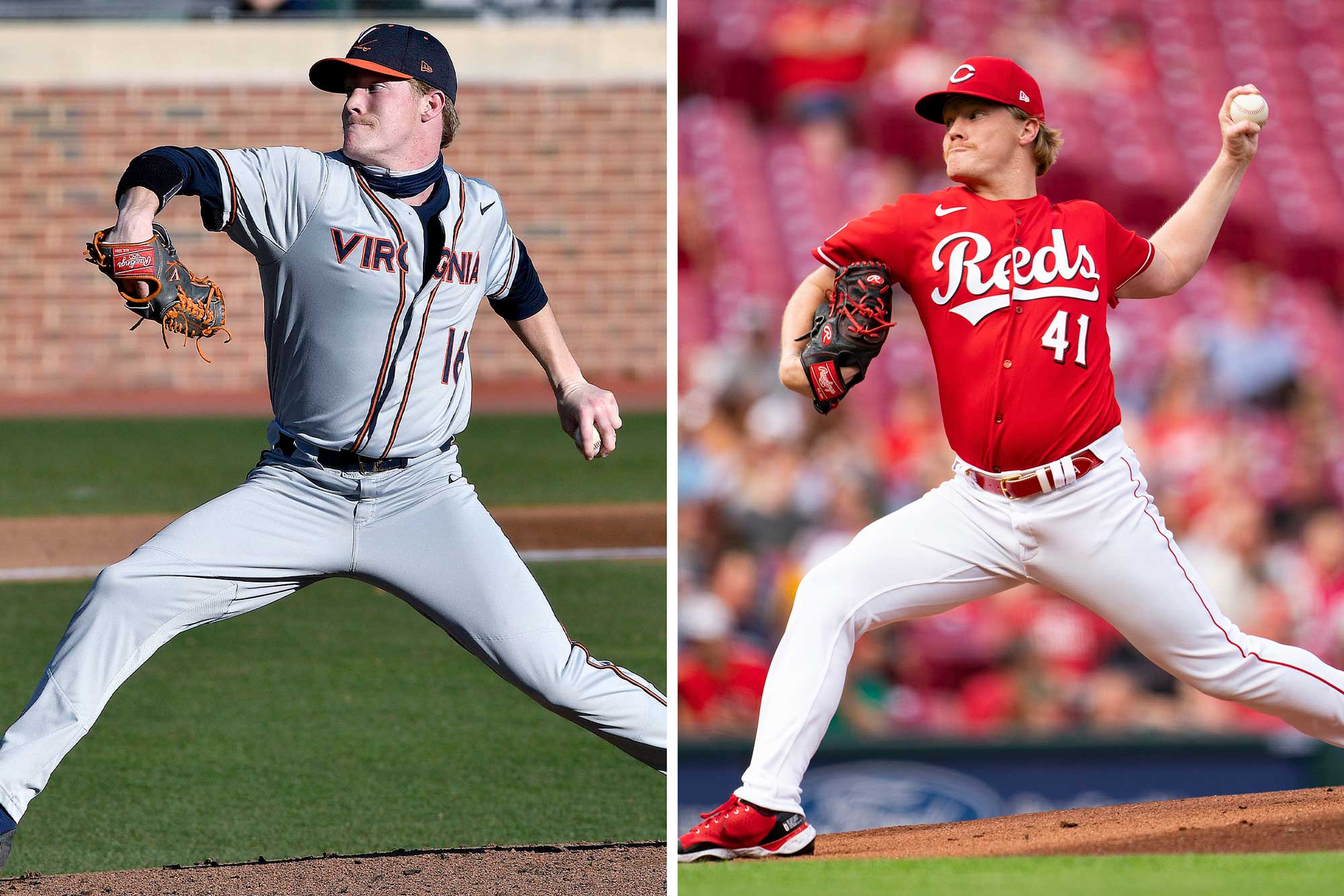 Andrew Abbott pitching at UVA, left, Andrew Abbott pitching for the Cincinnati Reds, right