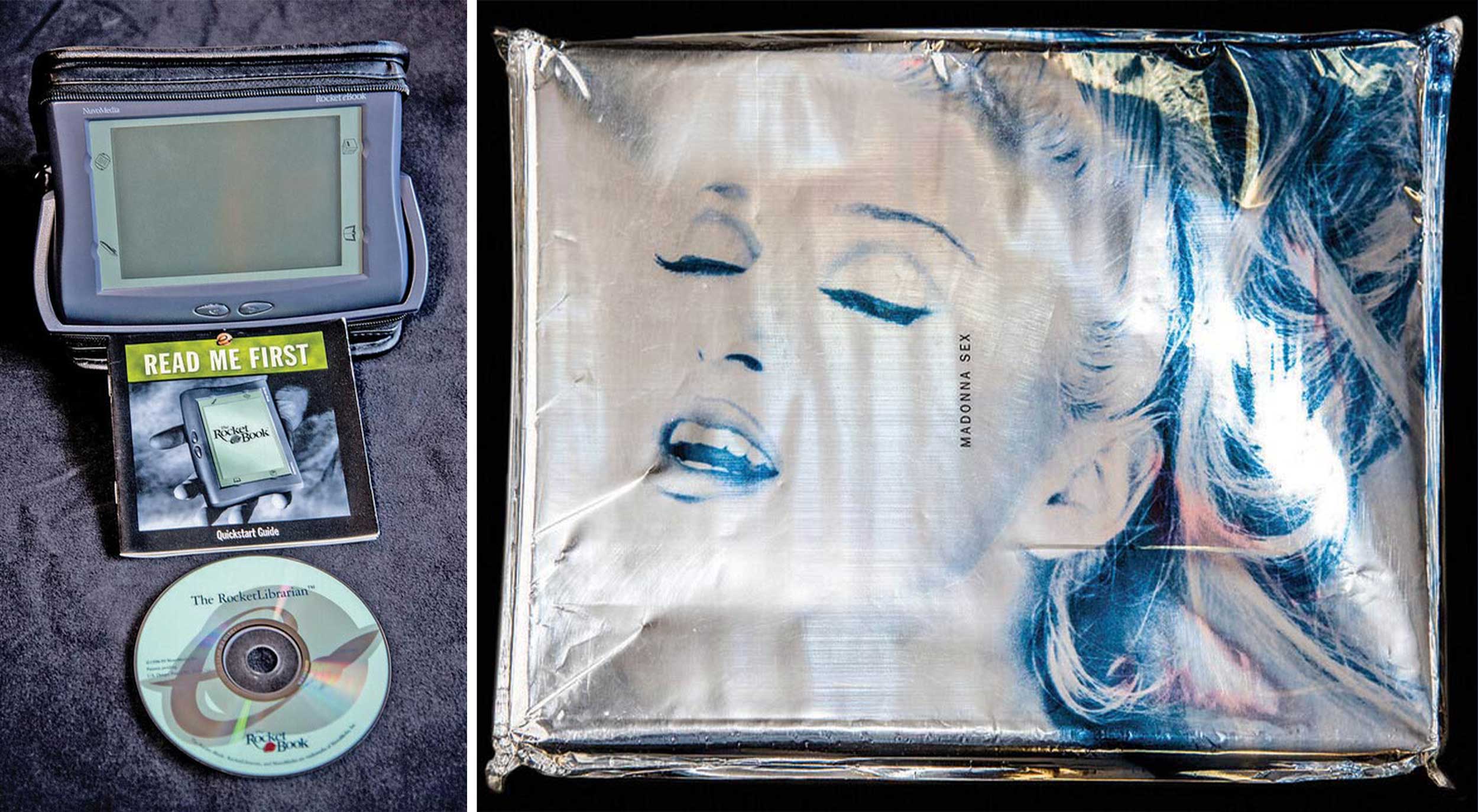 left Rocket book machine with guide and cd right: headshot of Madonna