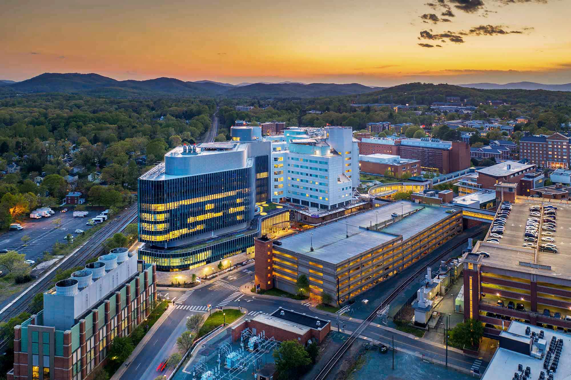 The UVA Health system as seen from above during sunset