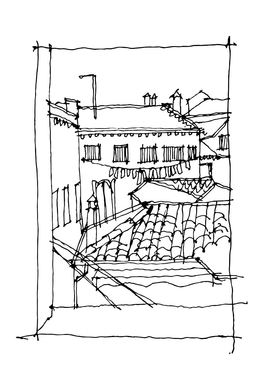 Sketch of a view from a window looking outt at roof tops and clotheslines