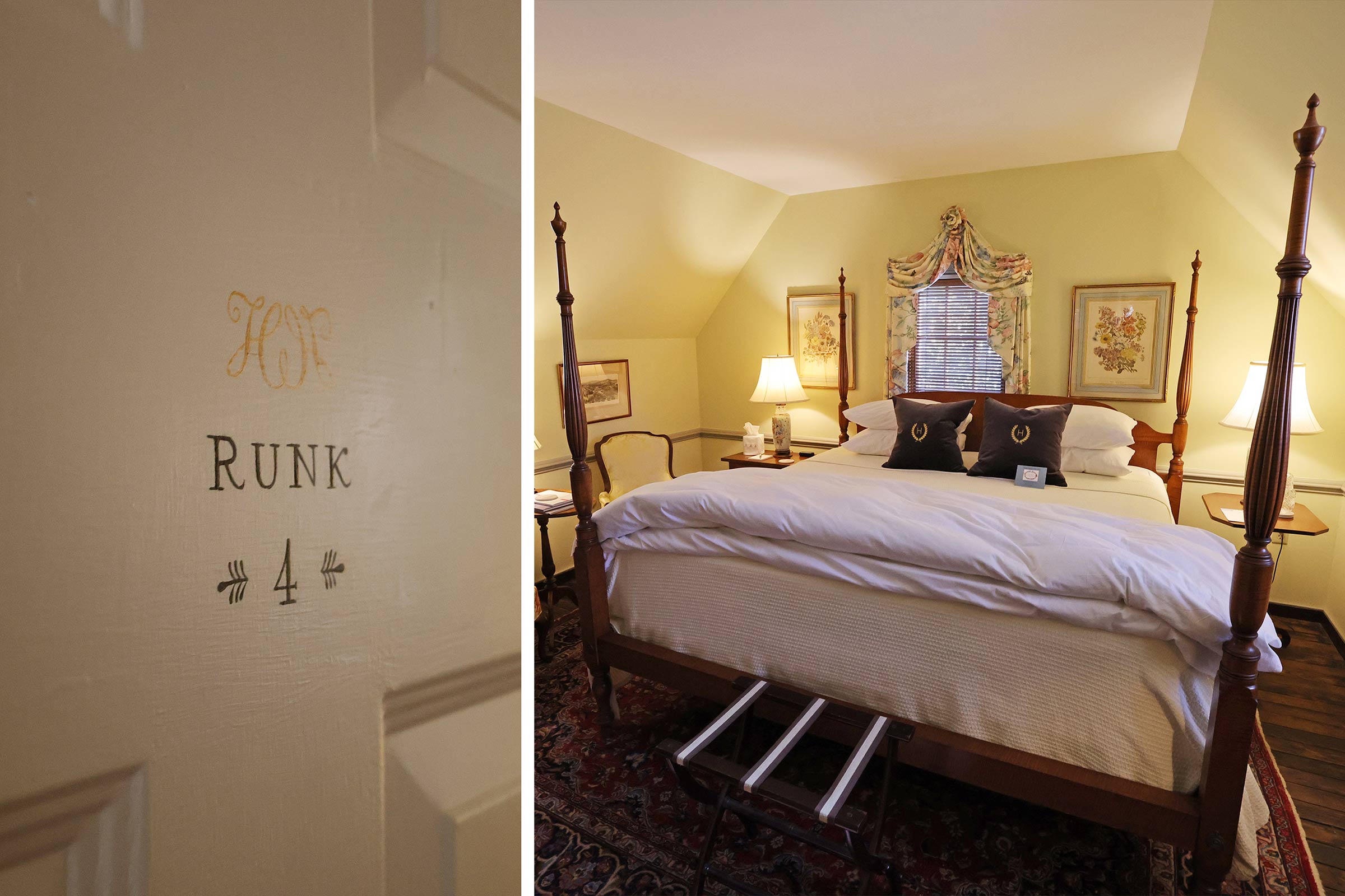Left a close of the word Runk on the room door, right a photo of the four post bed in the Runk Room