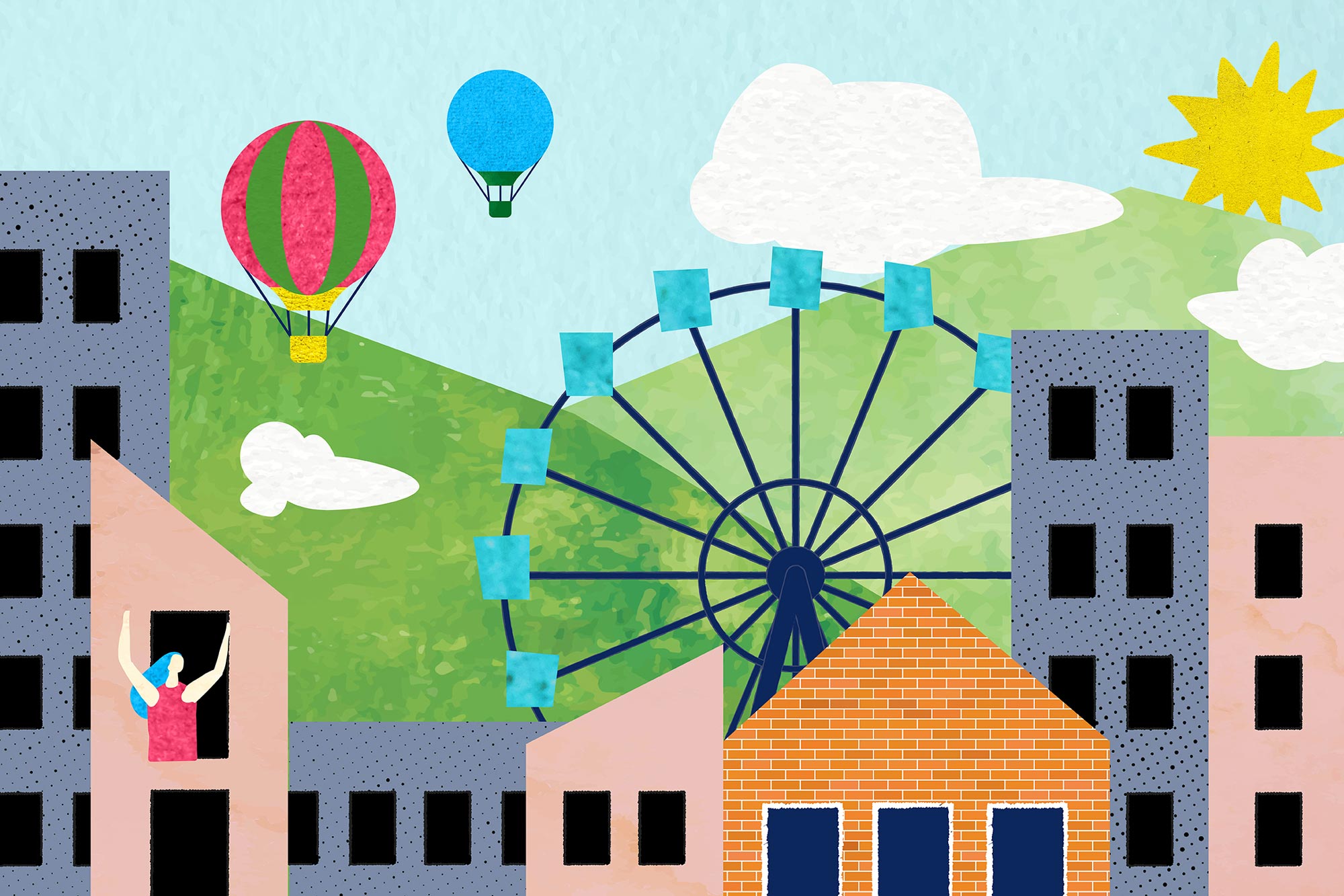 Illustration of a cityscape with hot air balloons, clouds, ferris wheel, and a woman waiving out of a building window