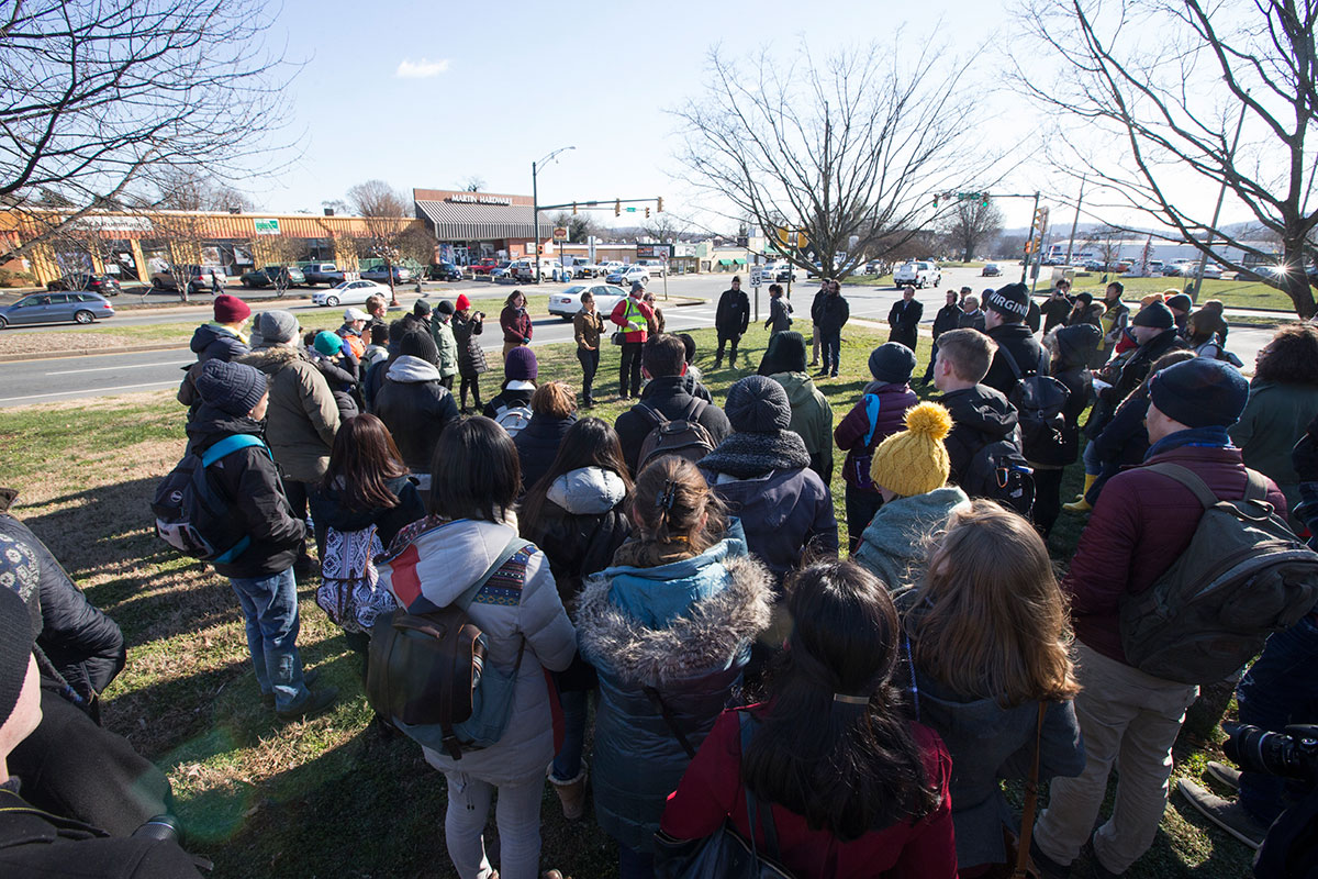 Students and faculty walked the Preston Avenue site to kickoff the Vortex workshop. (Photo by Dan Addison)