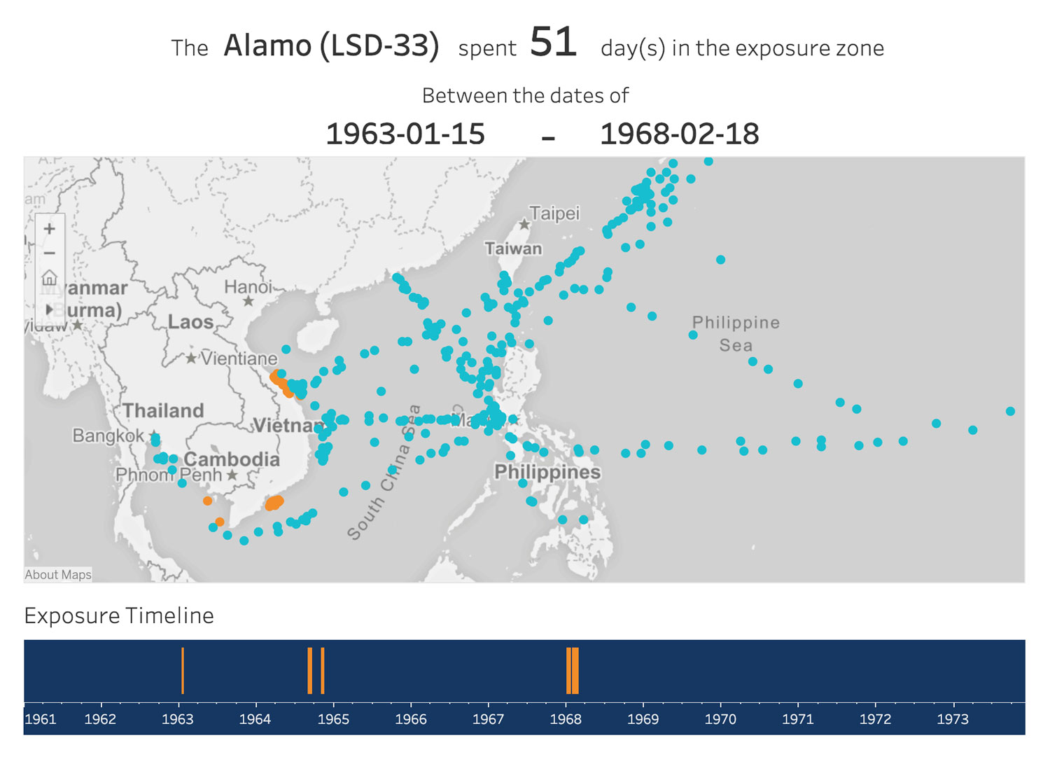 This screenshot shows the movements of the USS Alamo, with the orange dots showing when the ship entered the Agent Orange exposure zone. Sailors who were on board at that time could be eligible for health benefits.