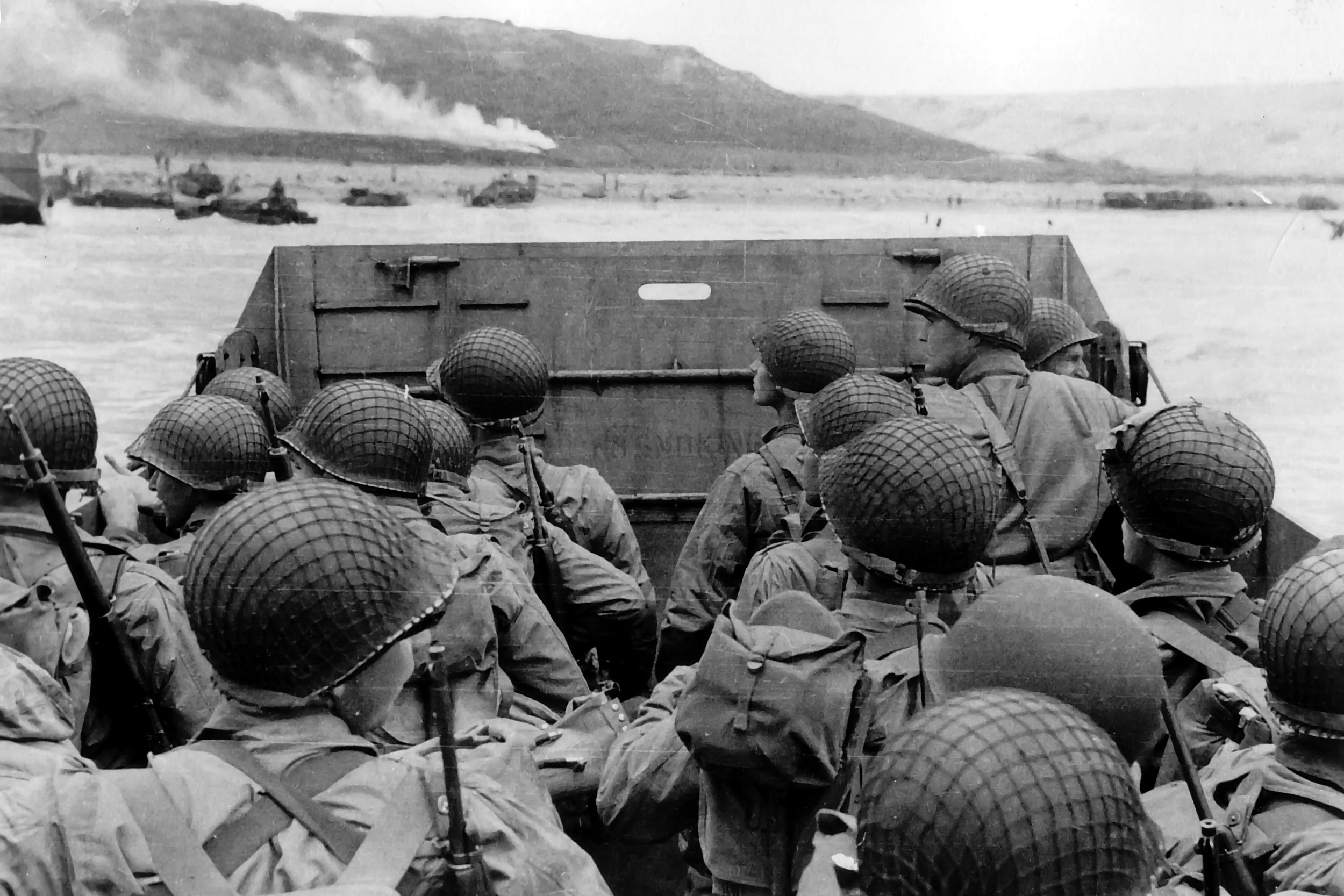 Troops in an LCVP landing craft approaching "Omaha" Beach on D-Day
