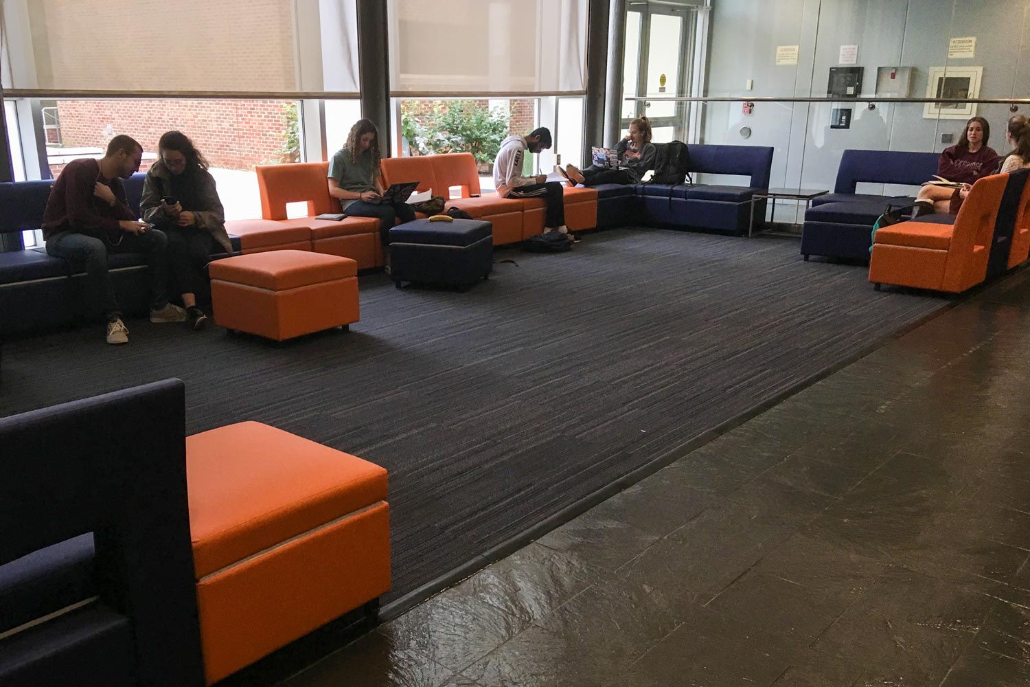 Students spread out on the comfy Argo Tea furniture.