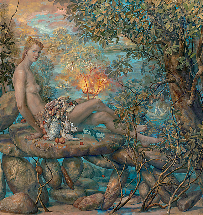 Painting of a woman sitting on a rock in the woods with dead fish and birds on her
