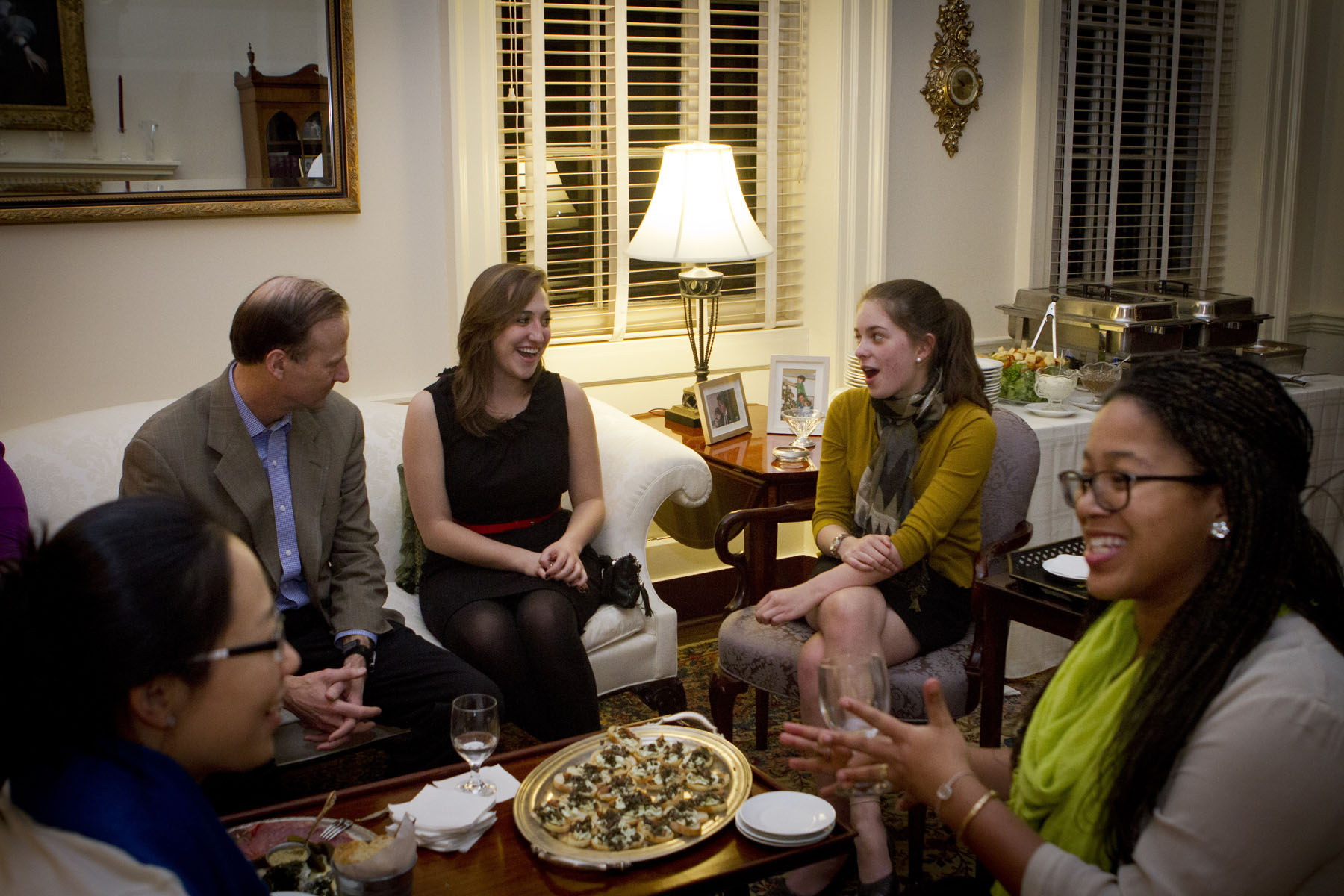 Lena Shi, Vice Provost Jeffrey W. Legro, Emily Lang, Brandon Allen and Janelle Peifer sit in a circle talking