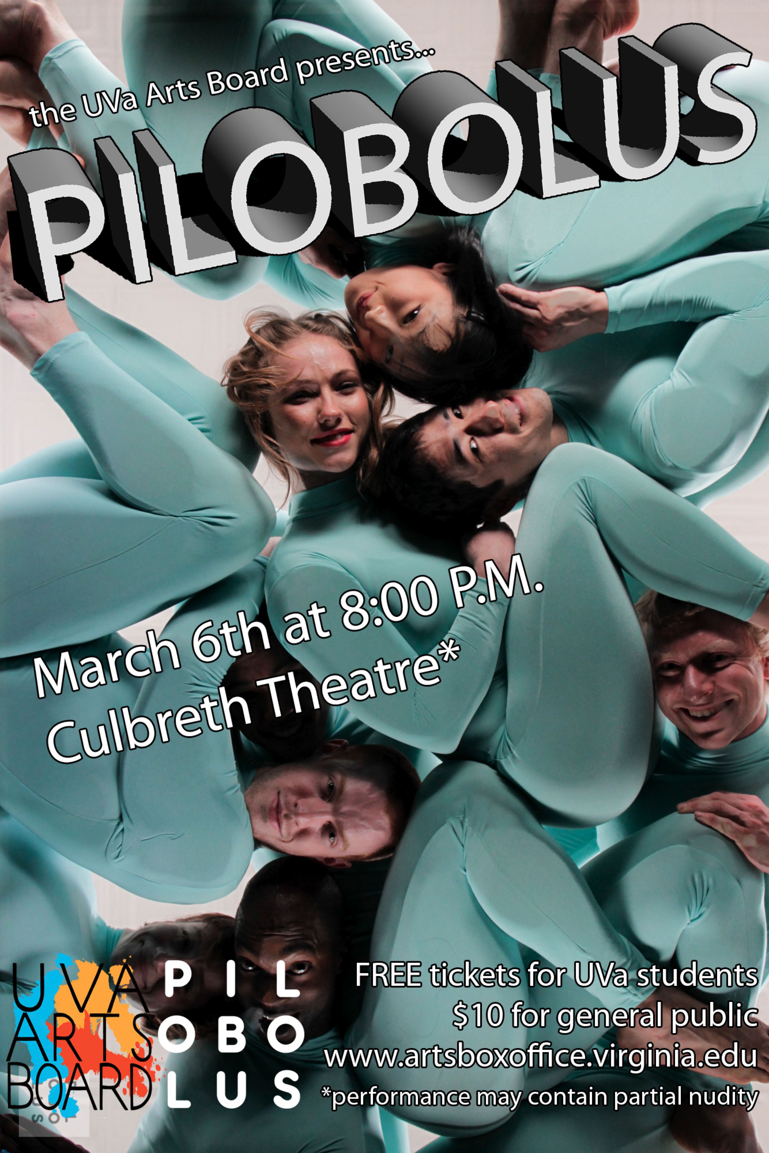 text reads: The UVA Arts Board Presents...Pilobolus. March 6th at 8pm. Culbreth Theatre. 