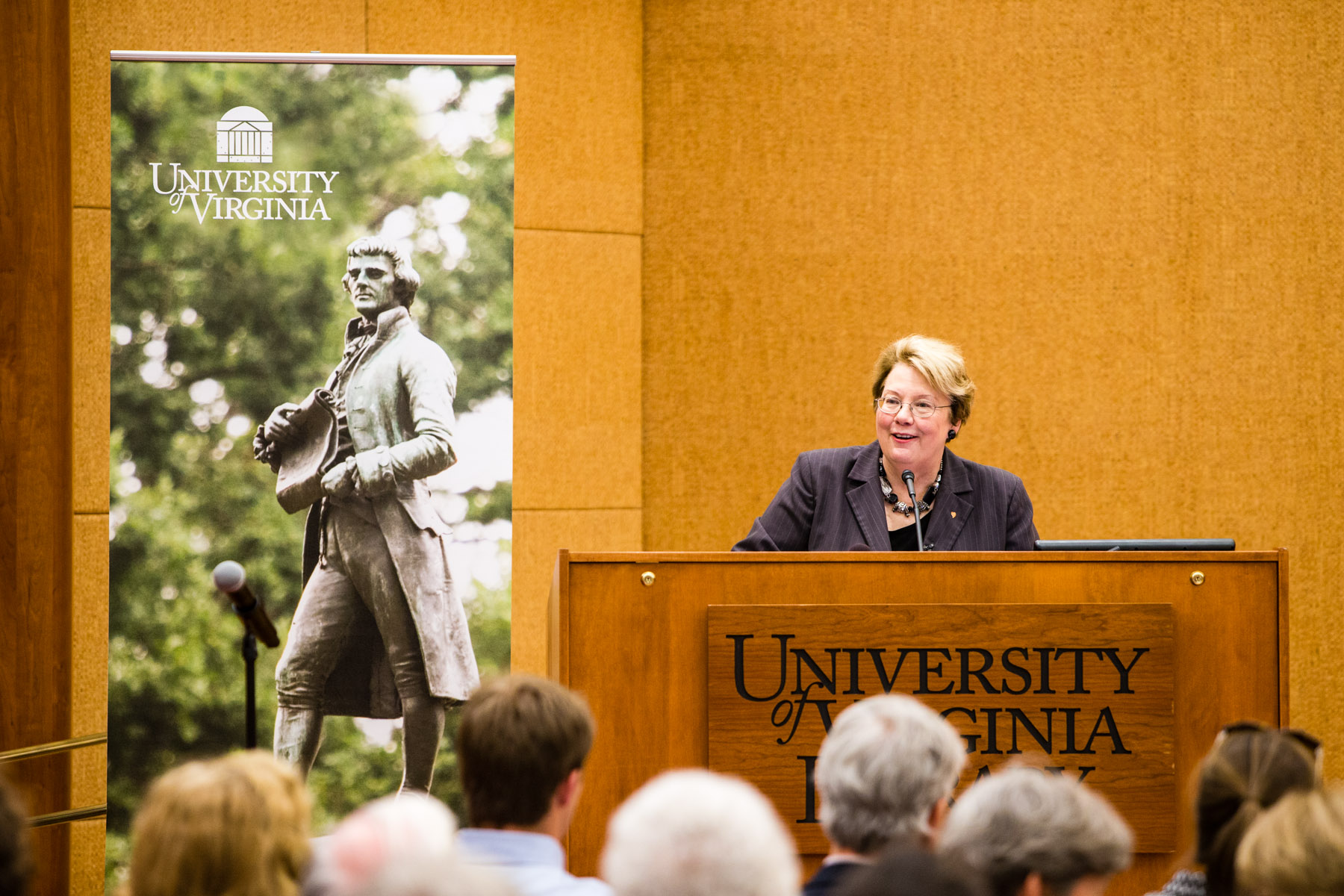 U.Va. President Teresa A. Sullivan speaking at a podium