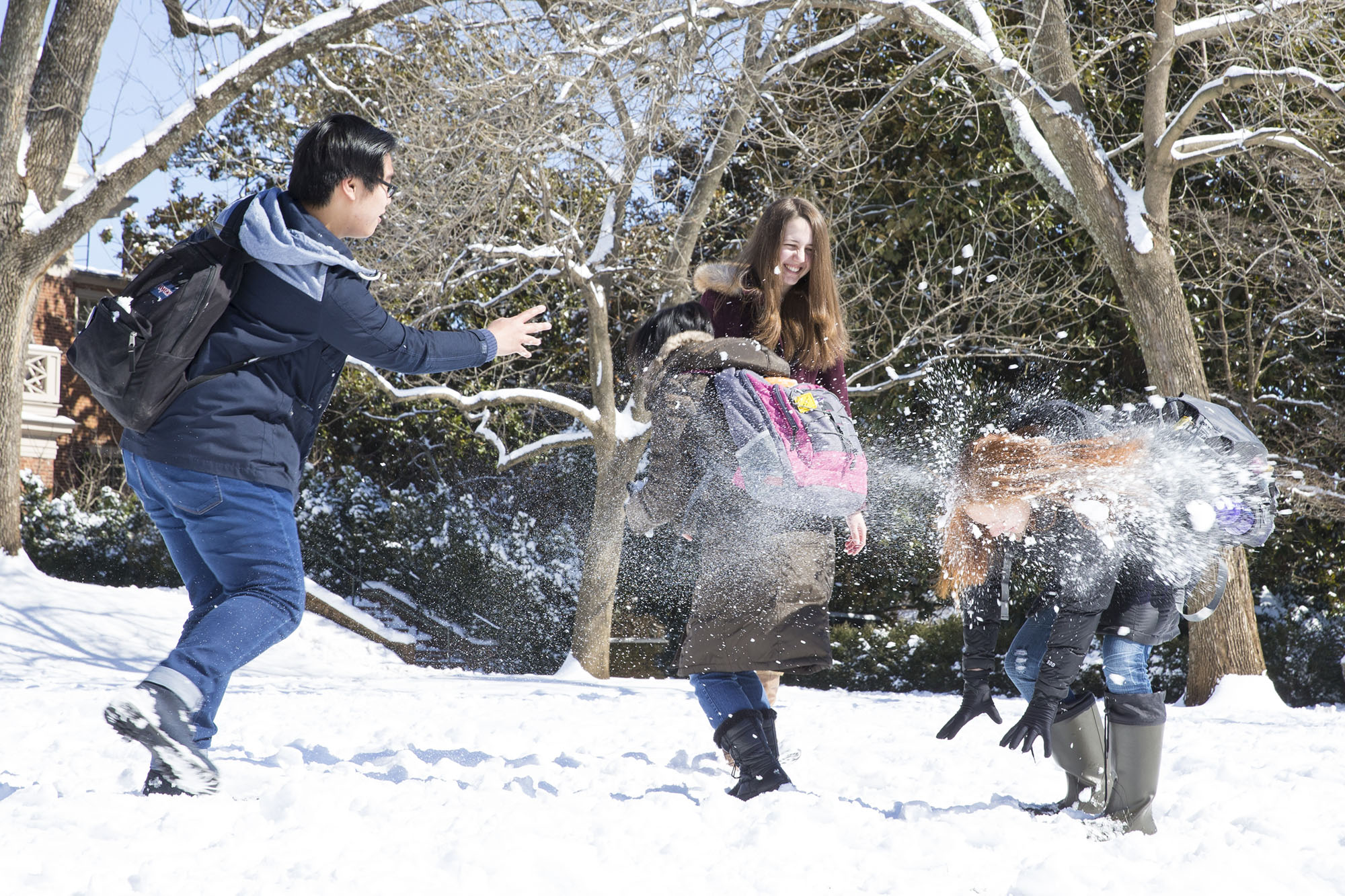 Students on grounds having a snowball fight