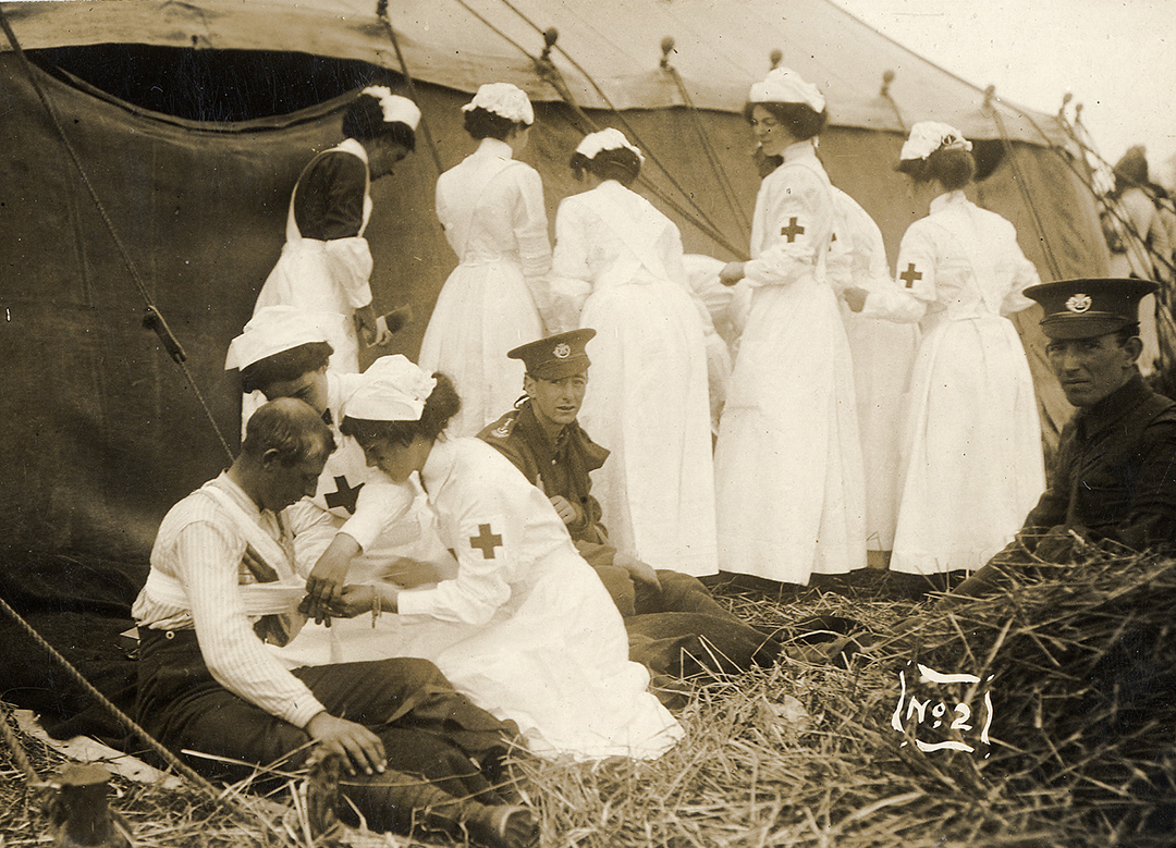 Nurses tending to wounded soldiers during World War One