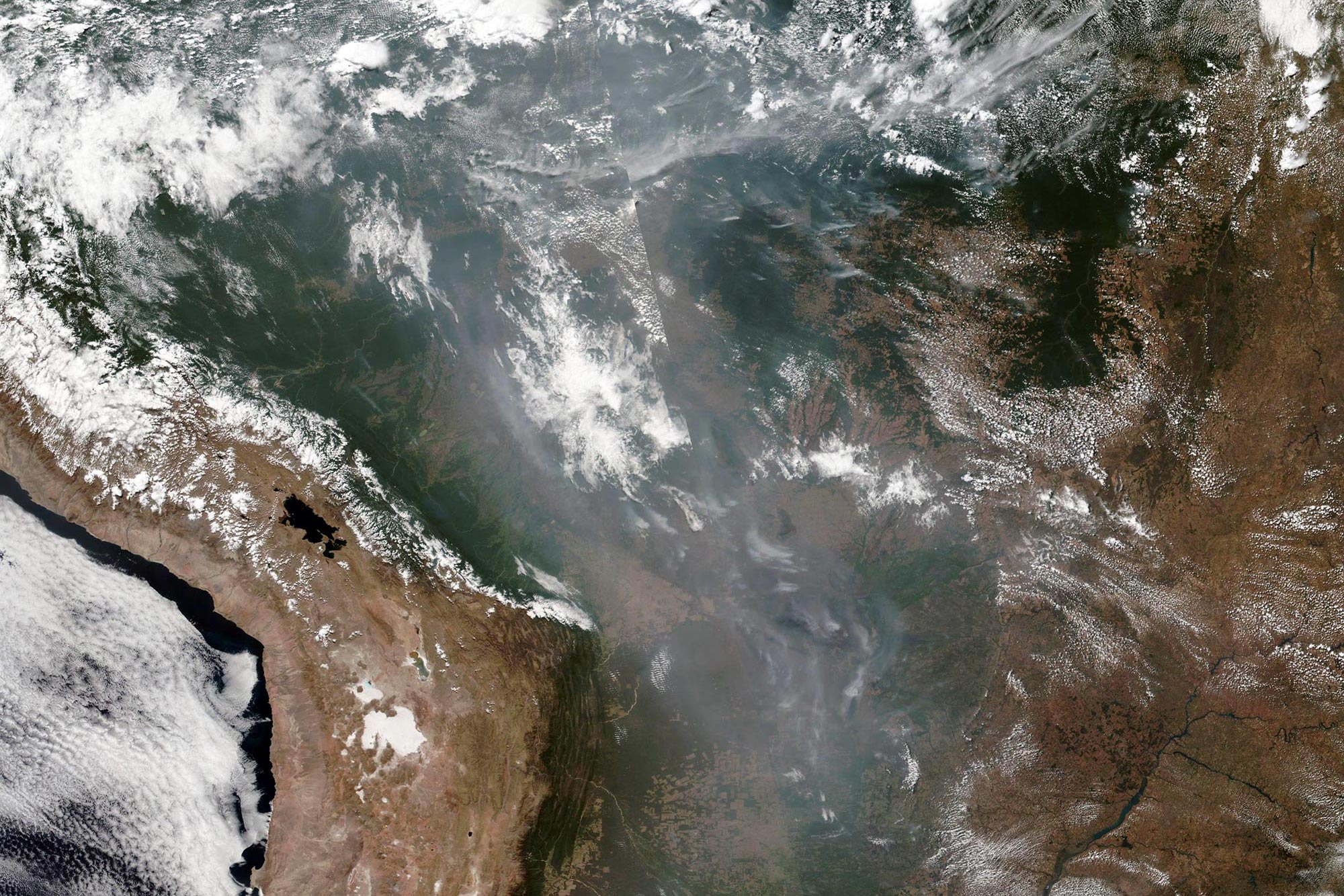 Aerial view of the Amazon River basin after fires