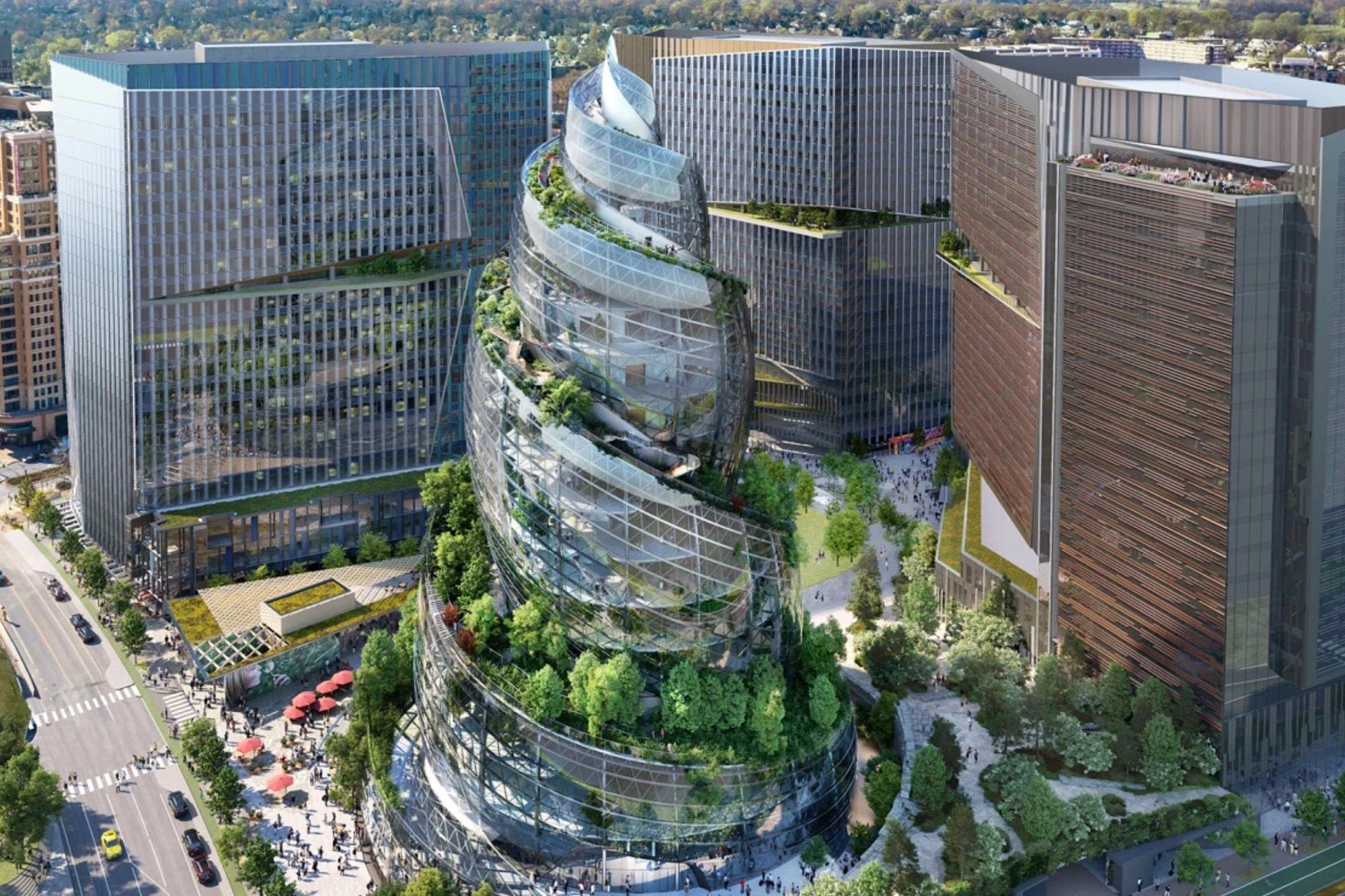 350-foot tall “Helix,” composed of steel, glass and even live trees