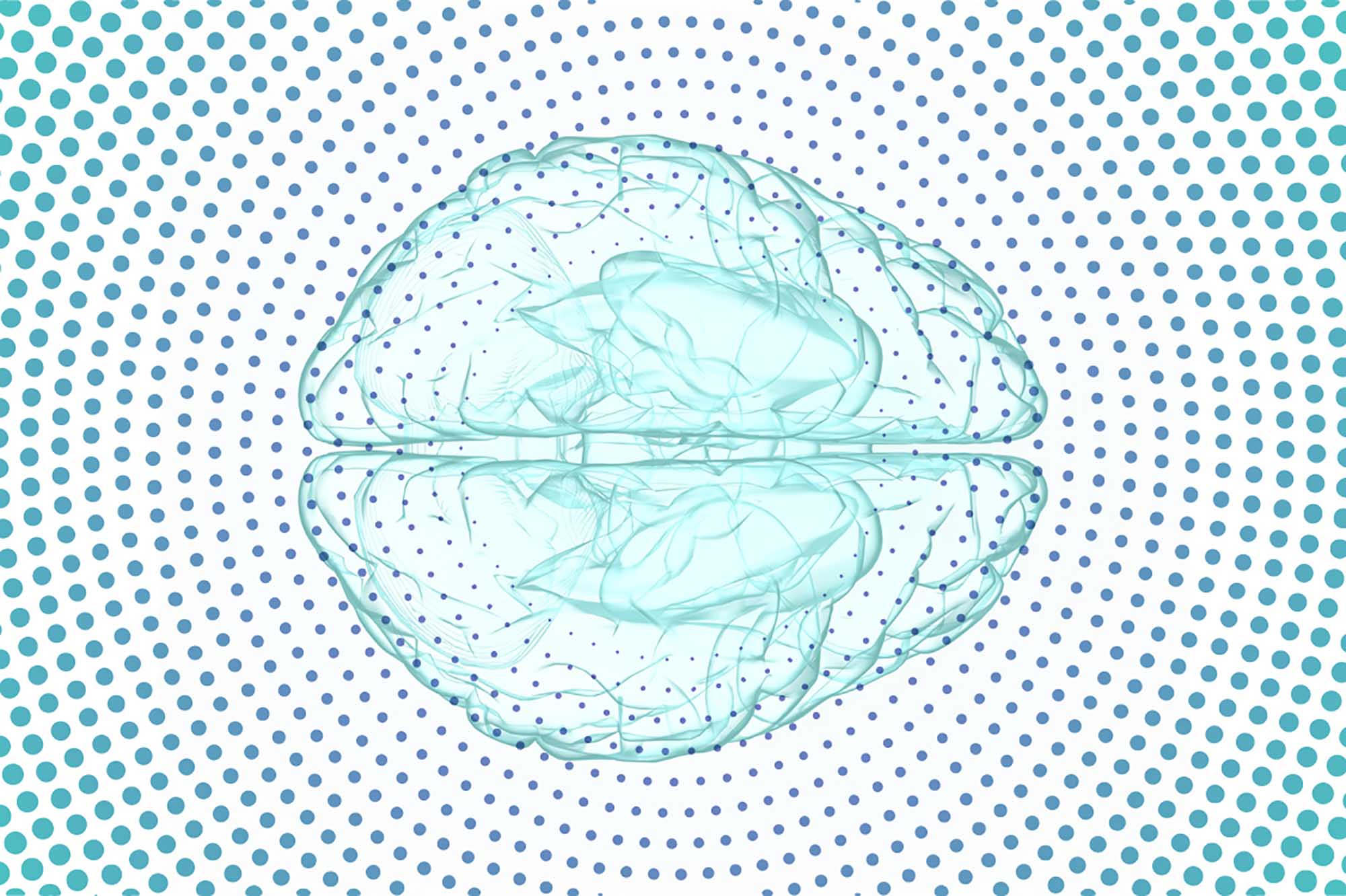 Illustration of brain on a background of dots that are small in the middle and get bigger as it gets closer to the edge of the image