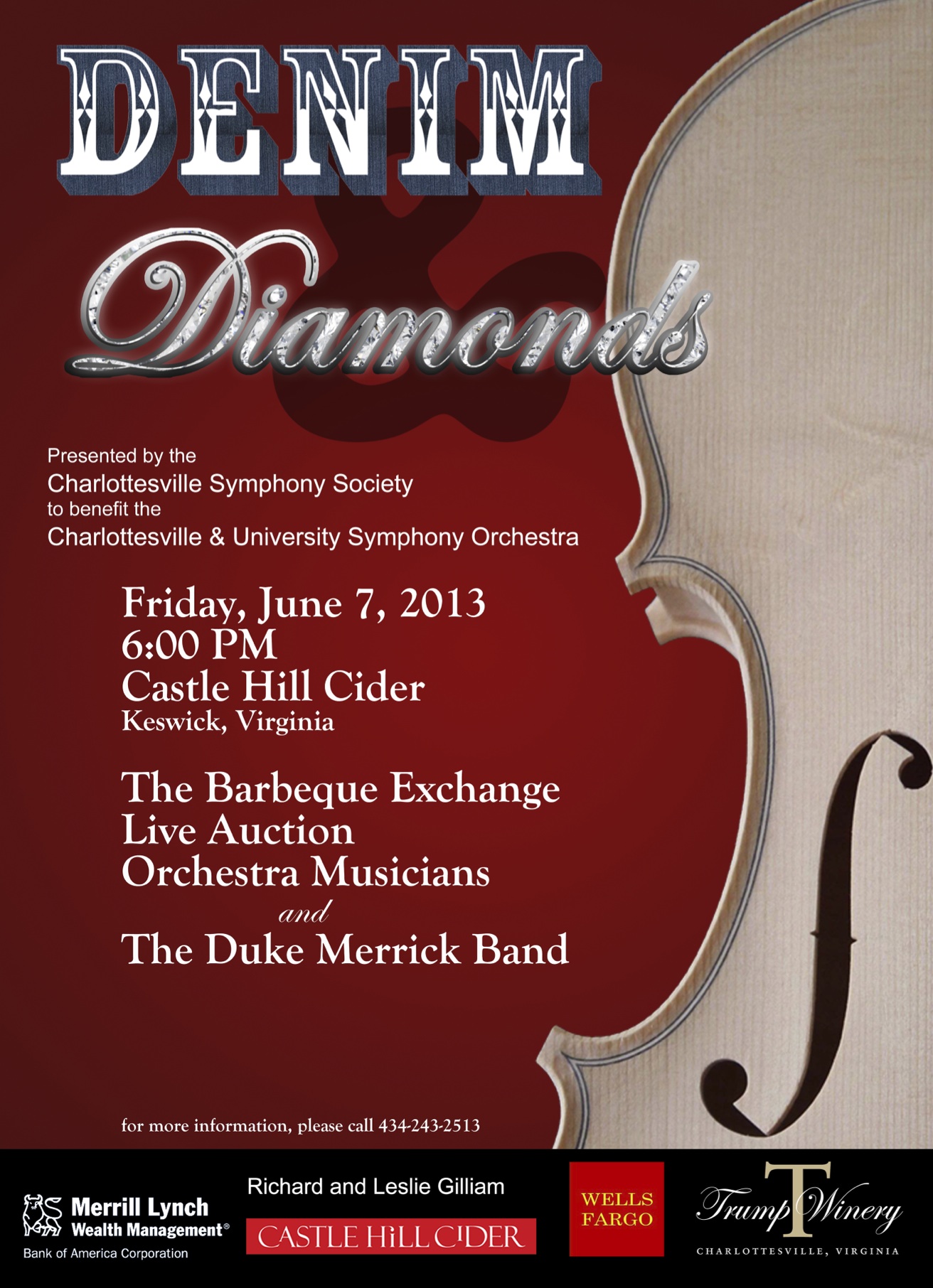 Text reads: Presented by the Charlottesville Symphony Society to benefit the Charlottesville & University Symphony Orchestra.  Friday, June 7, 2013 6:00 pm Castle Hill Cider Keswick Virginia.  The Barbeque Exchange, Live Auction, Orchestra Musicians, and the Duke Merrick Band