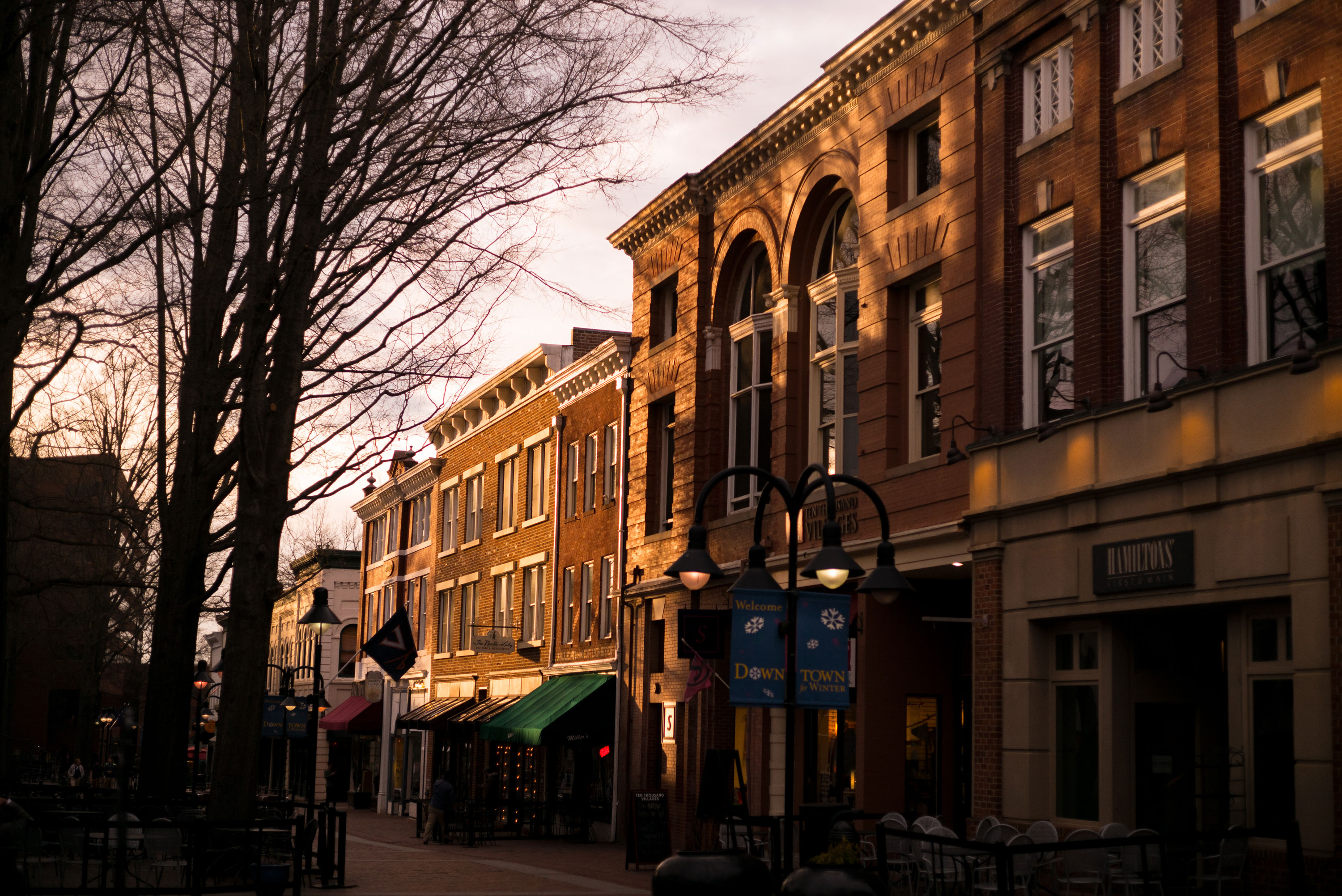 Brick buildings on the downtown mall at sunset