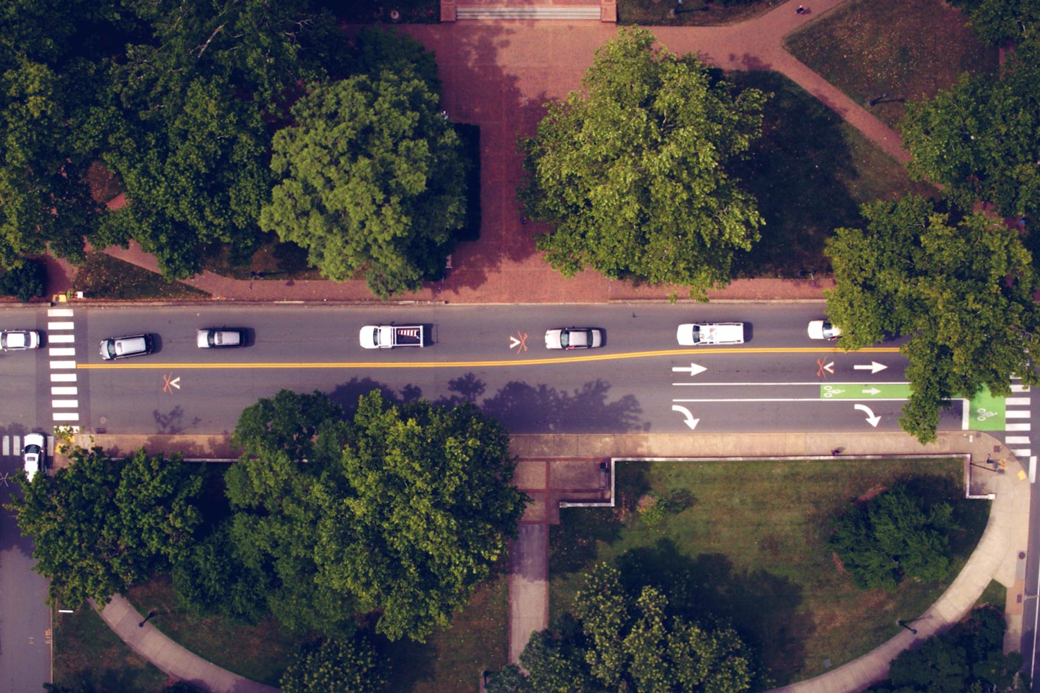 Aerial view of cars driving on a road in the middle of Grounds