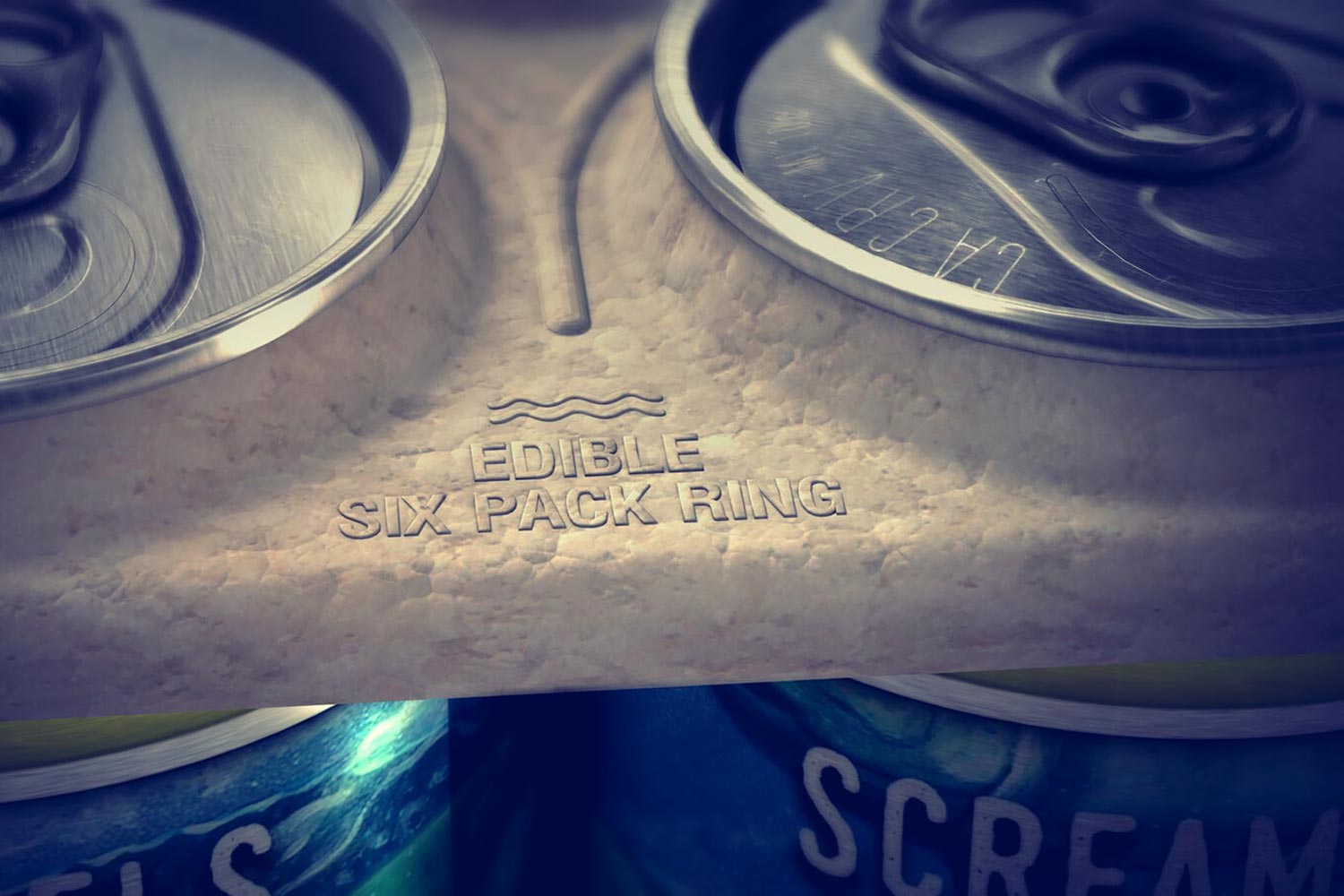 Up close view of a six pack can holder that says, edible six pack ring