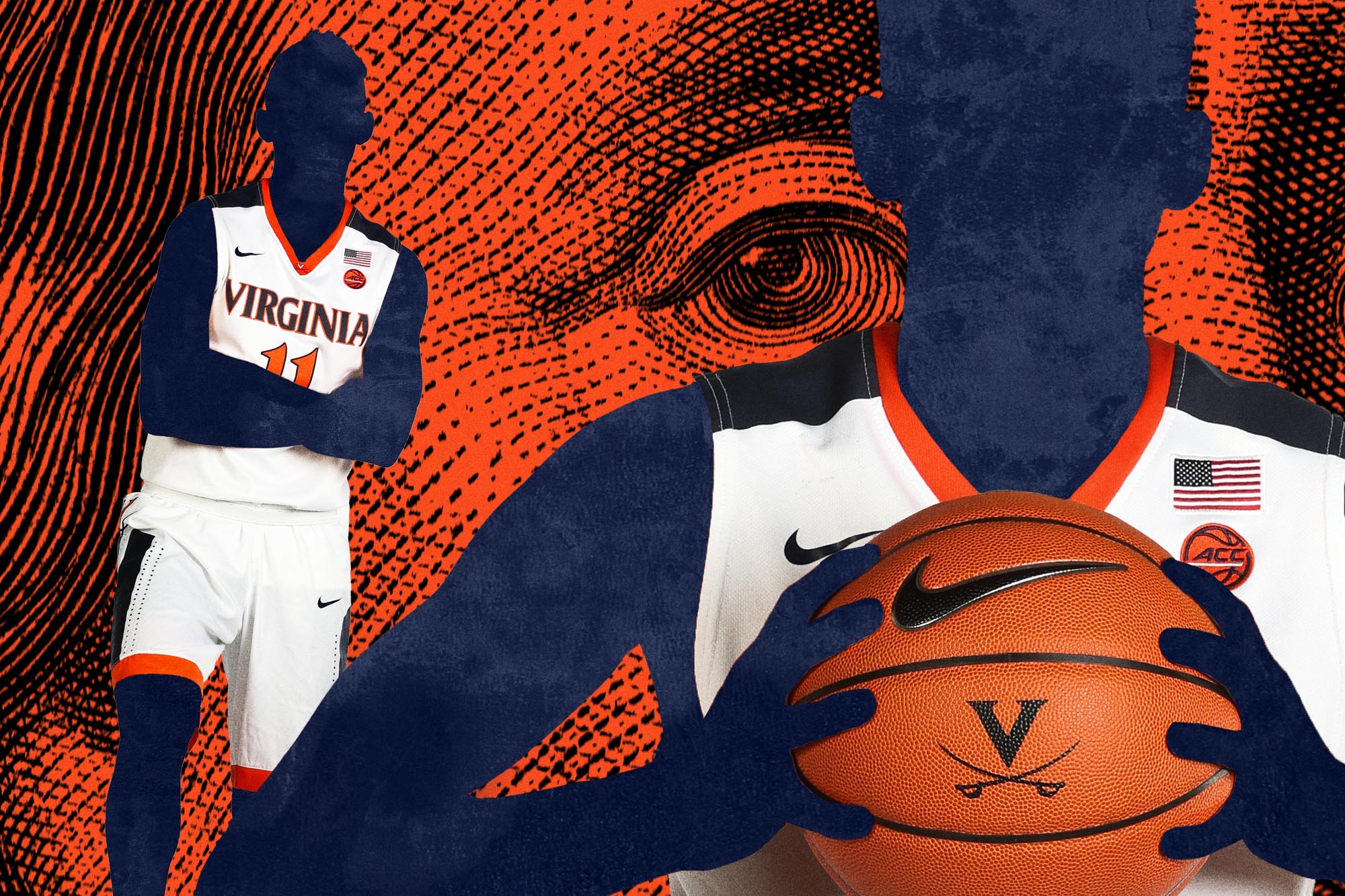 Illustration of two black silhouettes in a UVA basketball uniform one holding a basketball with both hands with the background image an up close picture of Benjamin Franklins face