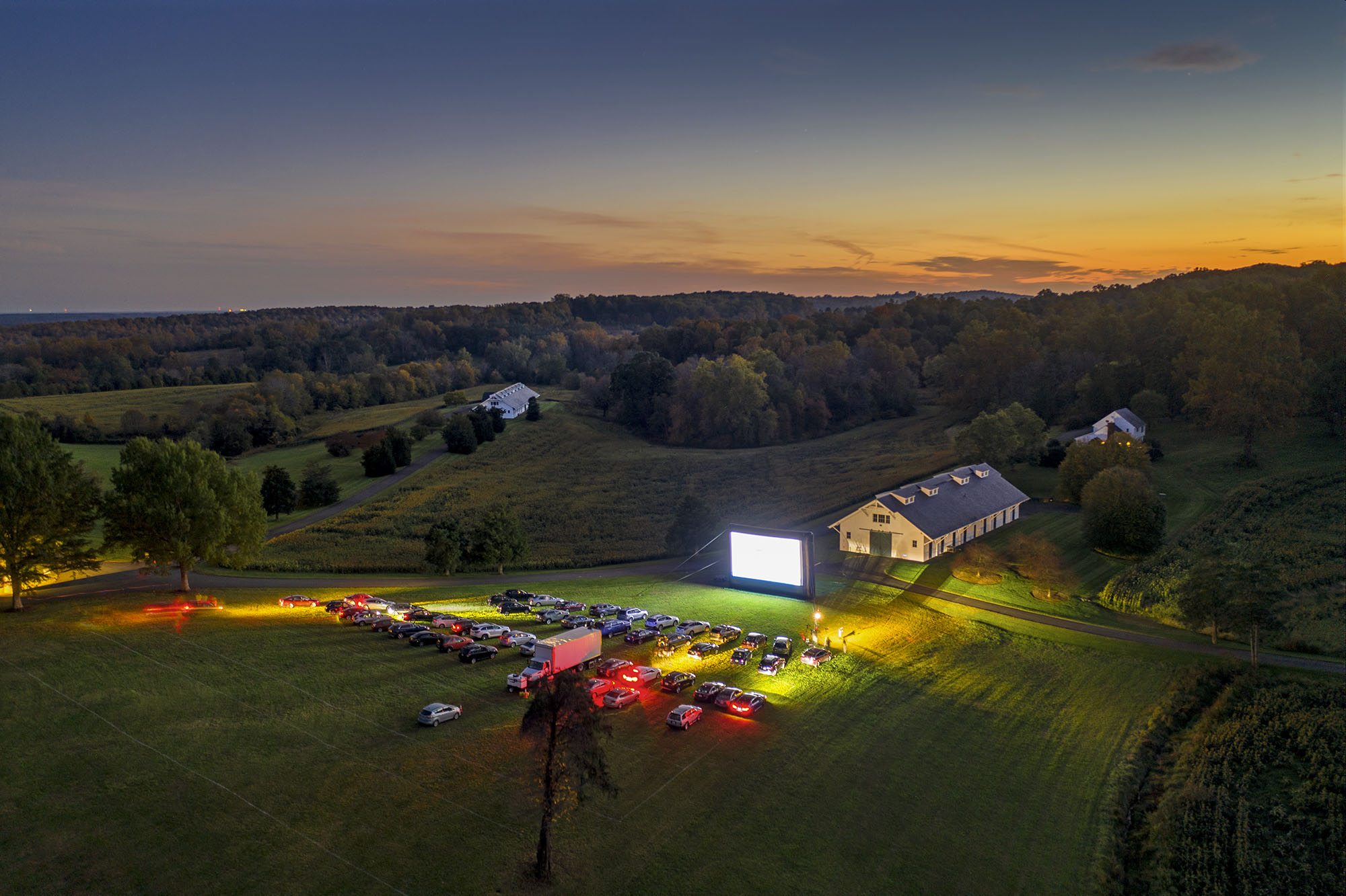 Arial view of a cars in a drive-in theater 