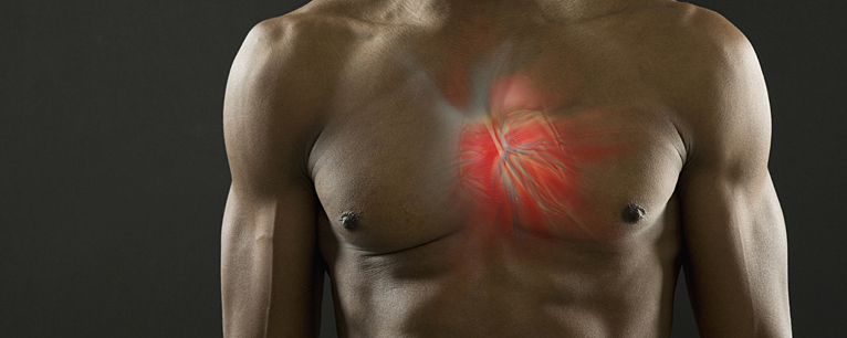 Man's chest with the center of his chest showing the muscles and arteries below 