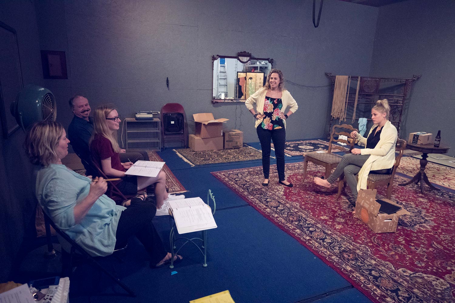 Sean Michael McCord, far left, at a rehearsal of a play,  with Joncey Boggs, left; Maeve Hickey, Shannon Nara, and Kelsey Boggs