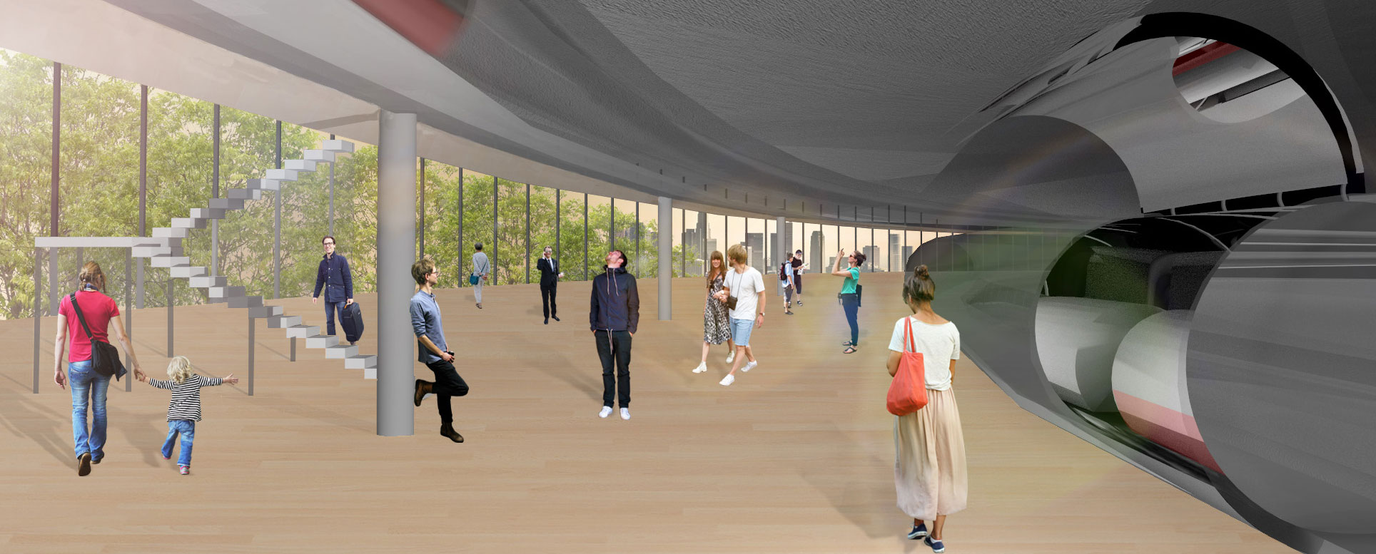 Digital rendering of Hyperloop Alpha might look like. People walking around talking and looking at the ceiling