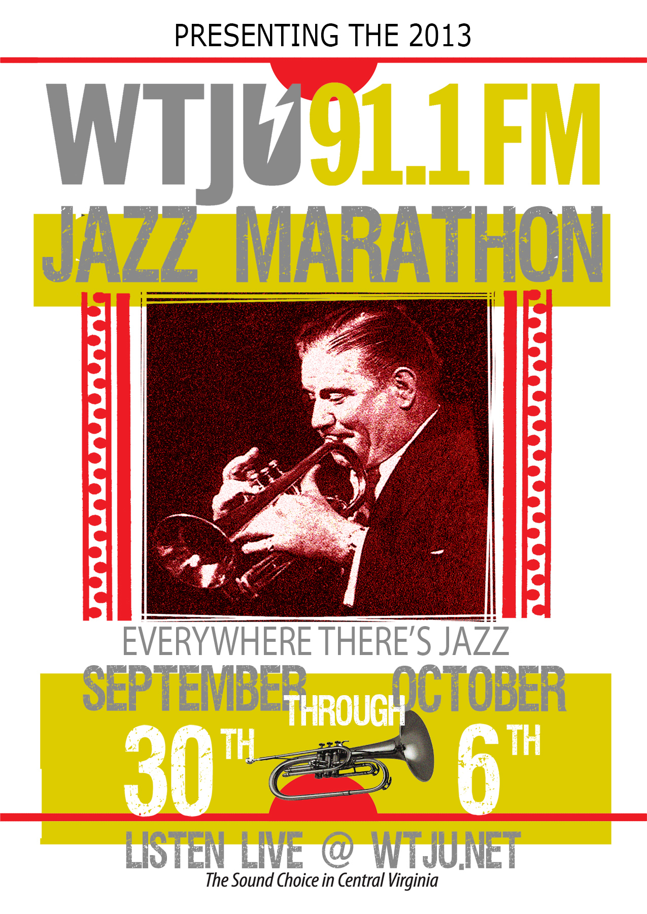 Text reads: Jazz Marathon.  Everywhere there's Jazz September 30 - October 6th.  Listen live @ wtju.net. the sound choice in central virginia