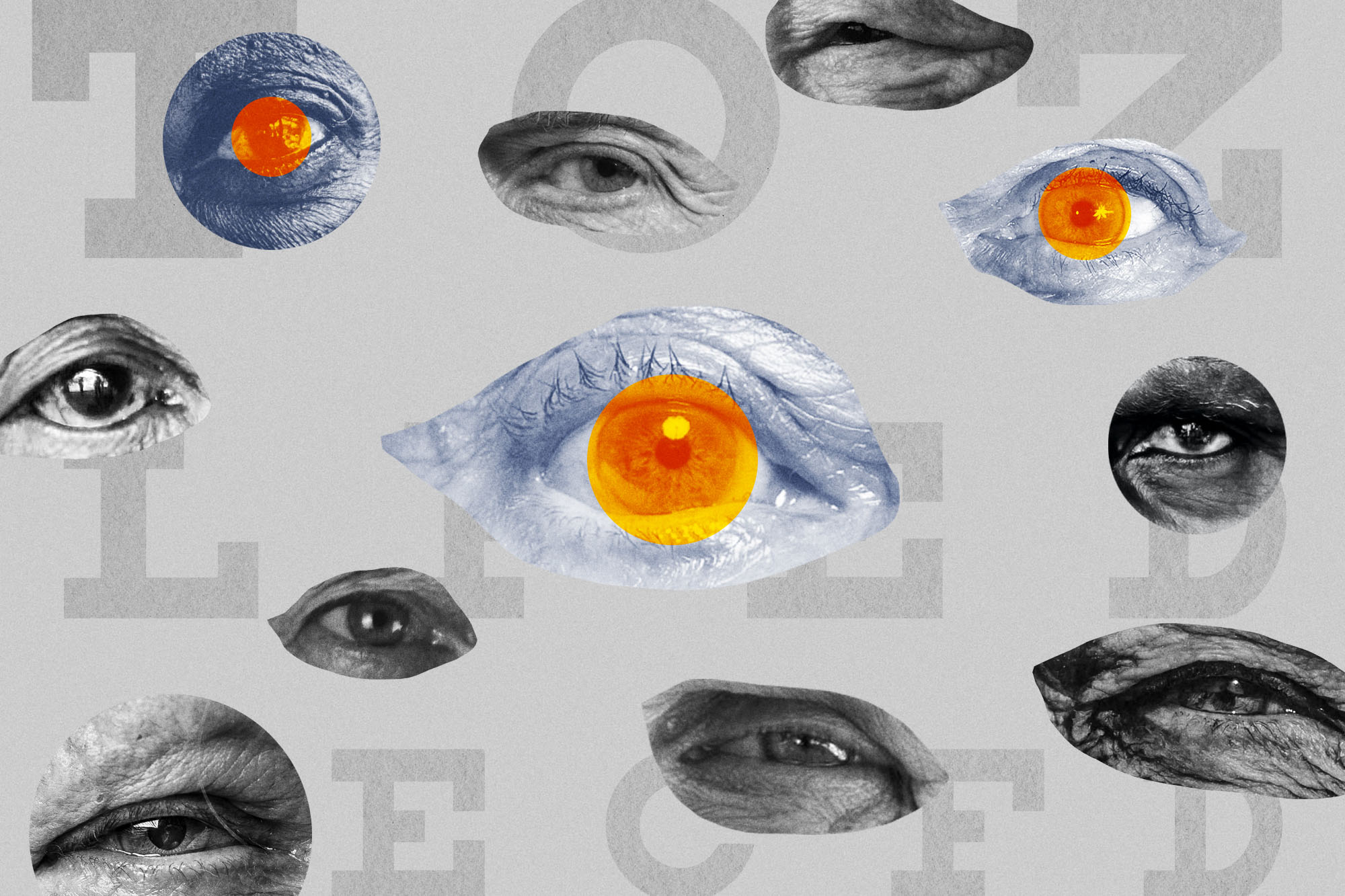 Illustration of eyes over top of an eye exam chart
