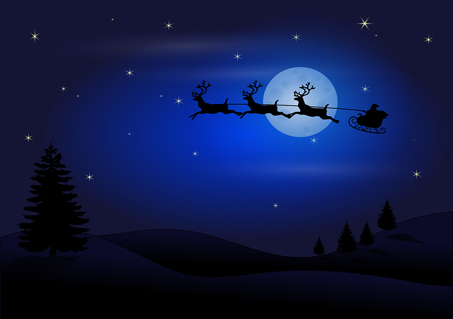 Illustration of santa flying through the night sky with reindeer