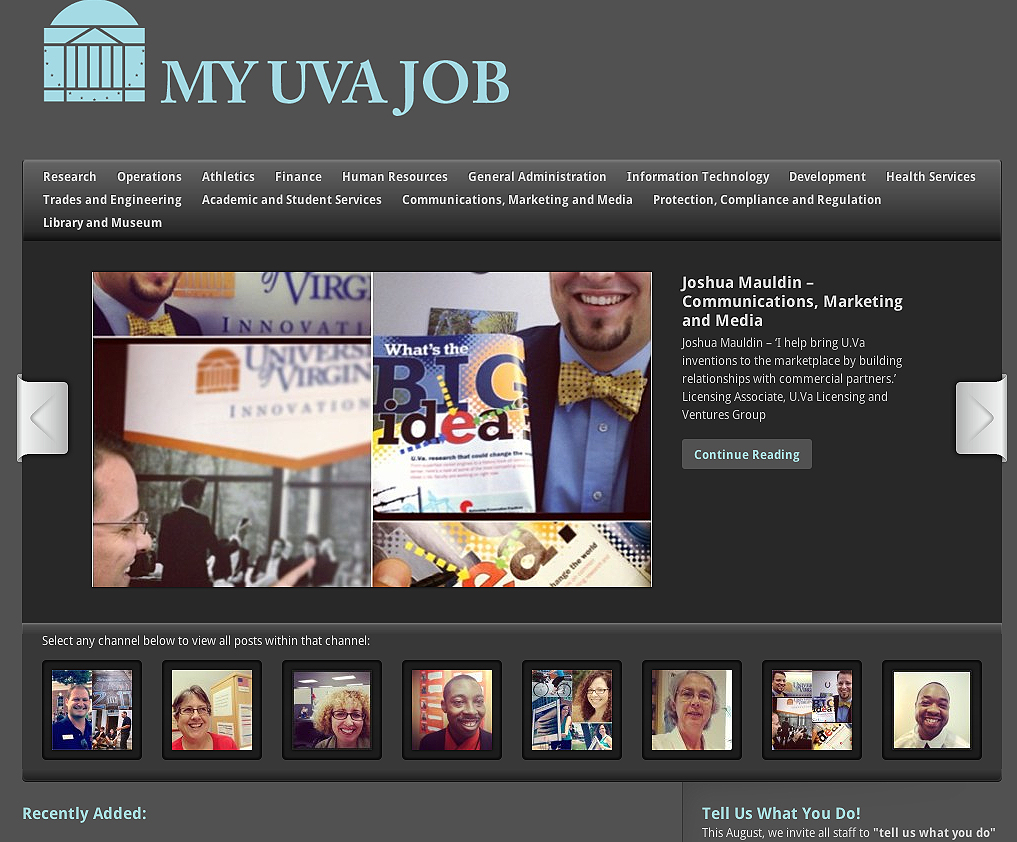 Screenshot from the  My UVA Job website featuring UVA employees