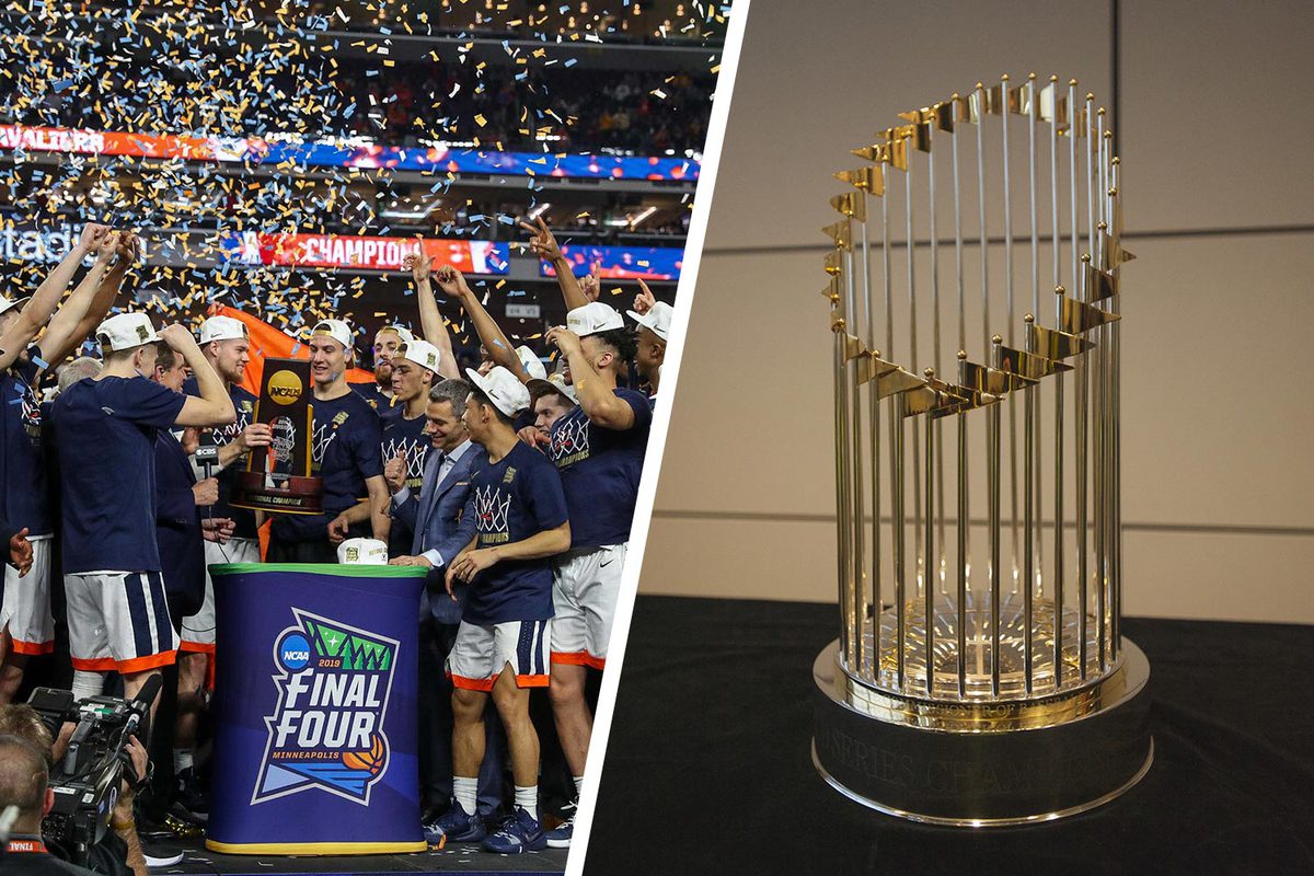 Left: Basketball team holding NCAA trophy Right: Trophy with flags in a circle