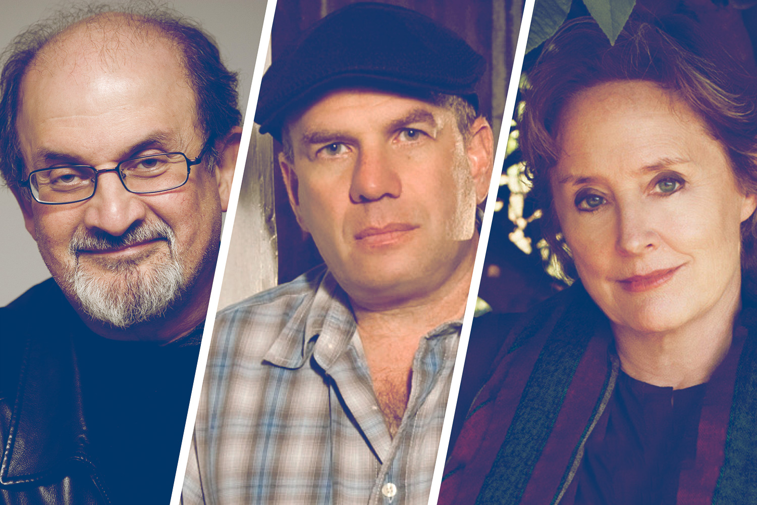 headshots left to right: Salman Rushdie, David Simon, and  Alice Waters 