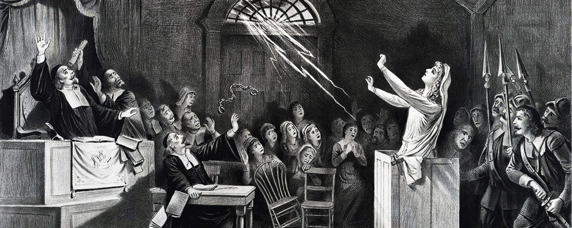 Woman in a courtroom booth being struck by lightening while a crowd watches with horror at a Salem Witch Trial