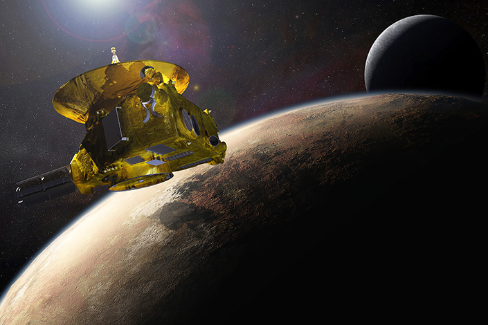 Gold spacecraft  floating over Pluto and its moon