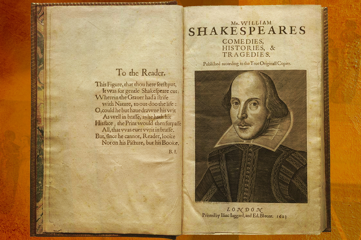 Open book by William Shakespeare in a glass case